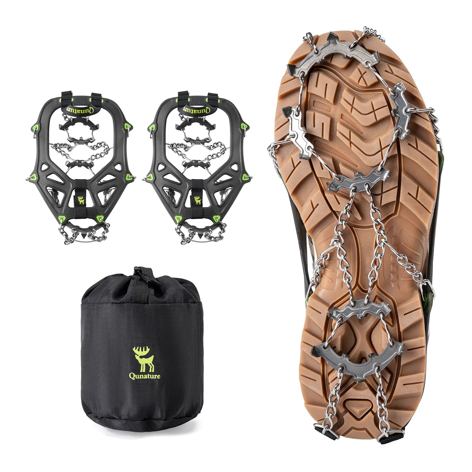 Qunature Global 22 anti-slip stainless steel crampons for shoes and boots, showcasing sharp spikes and durable straps.