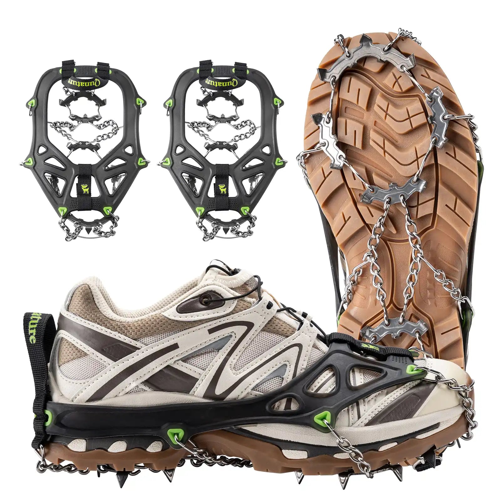 Qunature Global 22 anti-slip stainless steel crampons for enhanced traction on shoes and boots in snowy conditions.