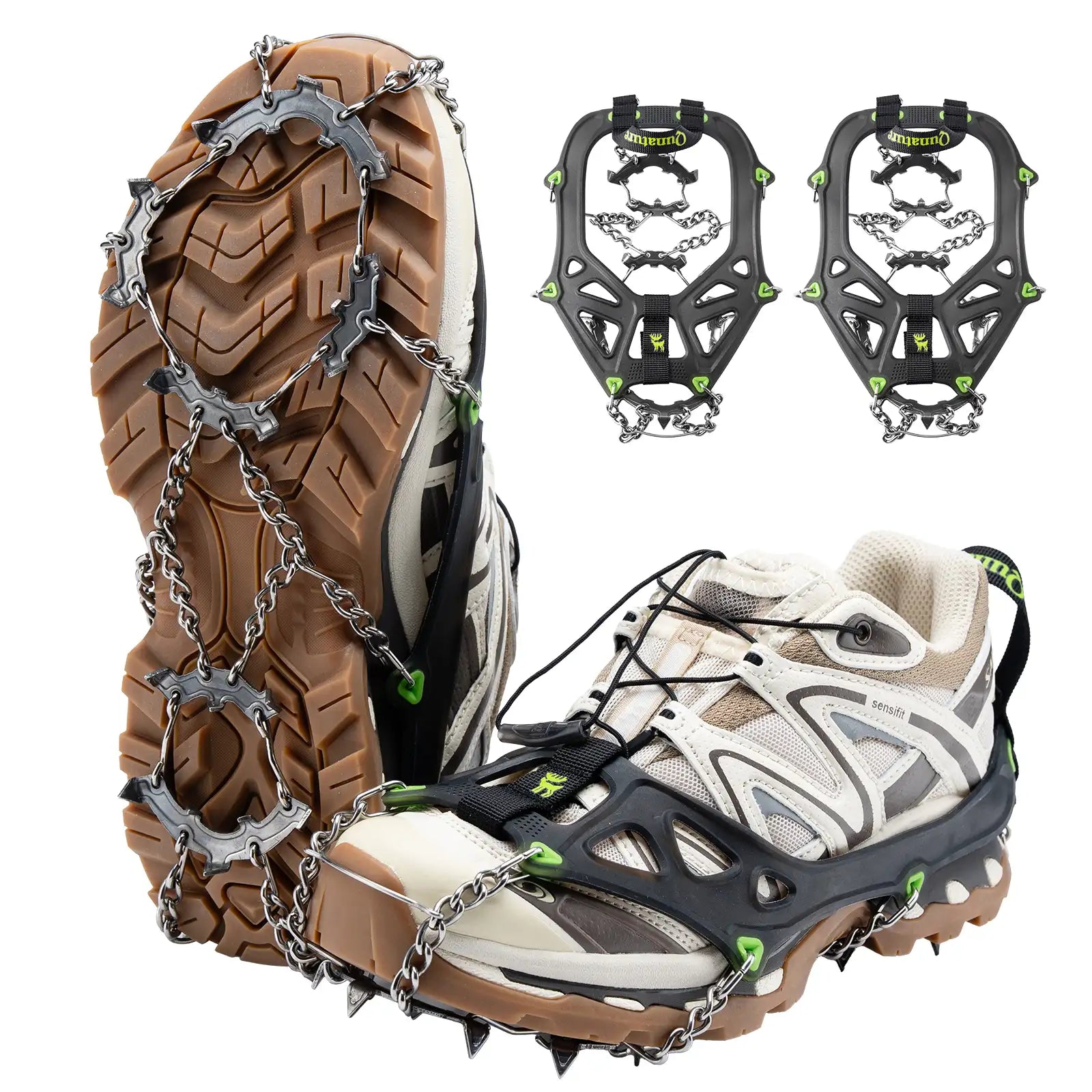 Qunature Global 22 anti-slip stainless steel crampons for shoes and boots, showcasing durable spikes and secure fitting design.