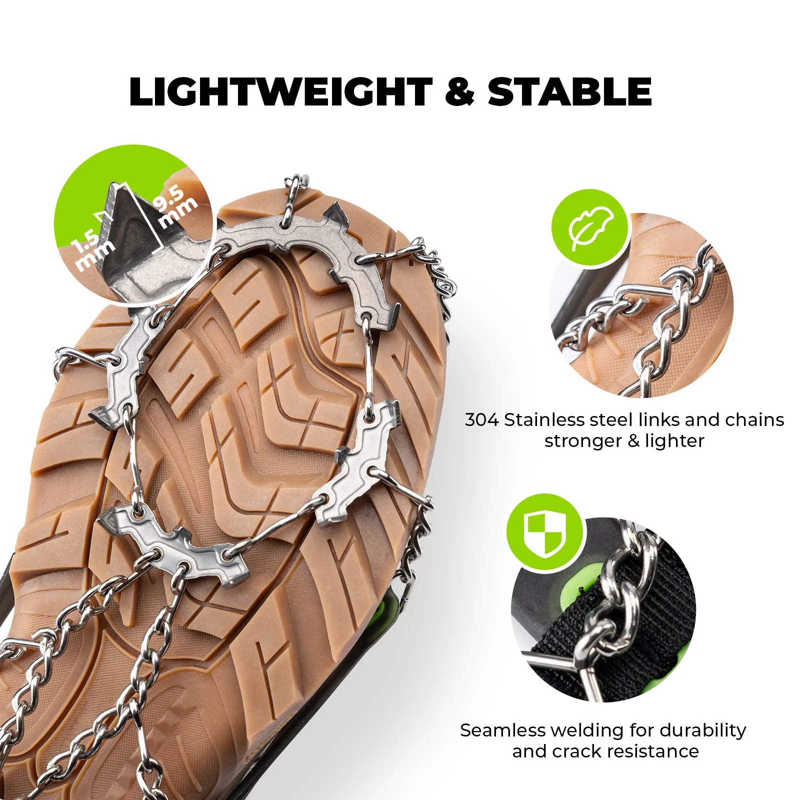 Qunature Global 22 anti-slip stainless steel crampons for enhanced traction on shoes and boots in snowy conditions.