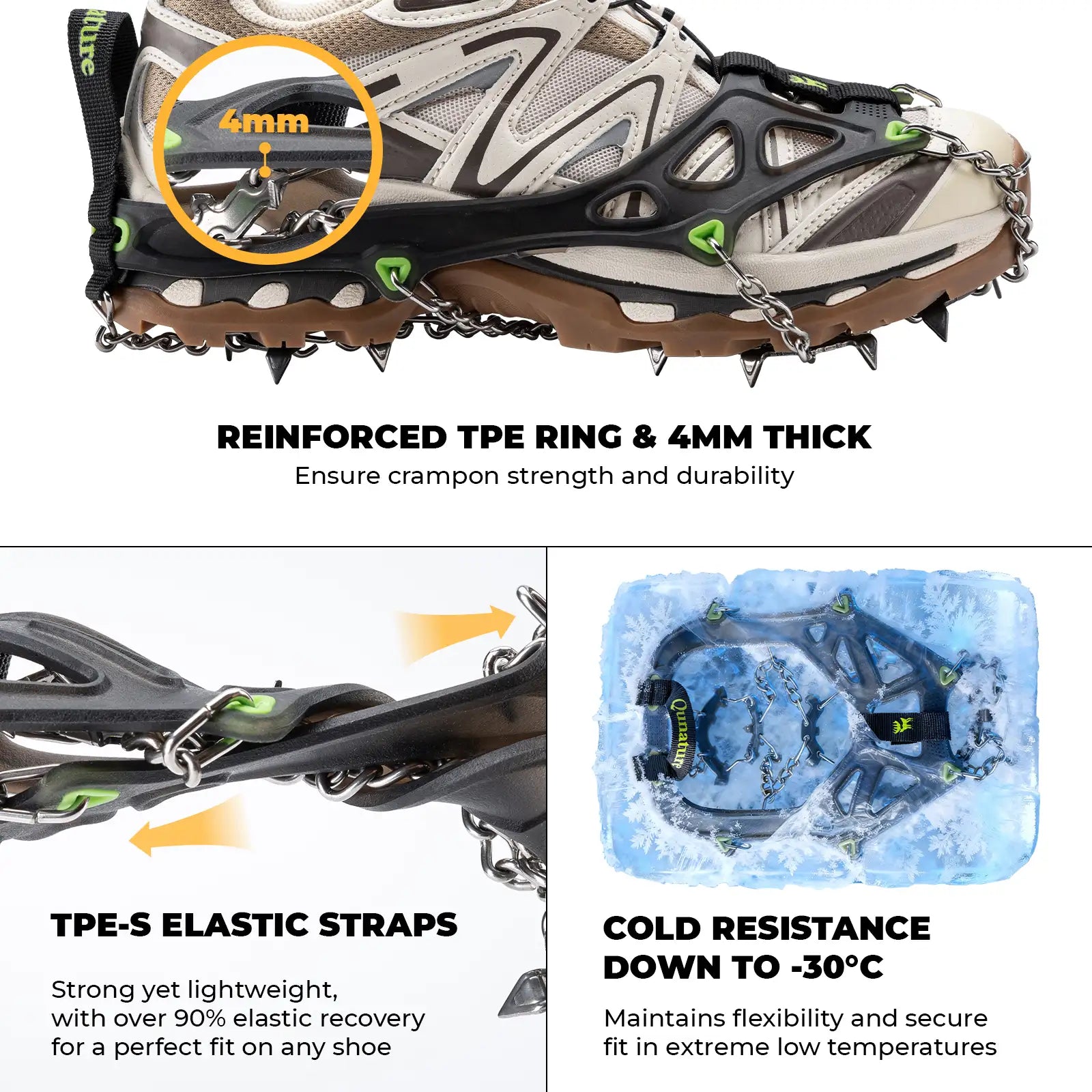Qunature Global 22 anti-slip stainless steel crampons attached to shoes, showcasing durable spikes for enhanced traction.