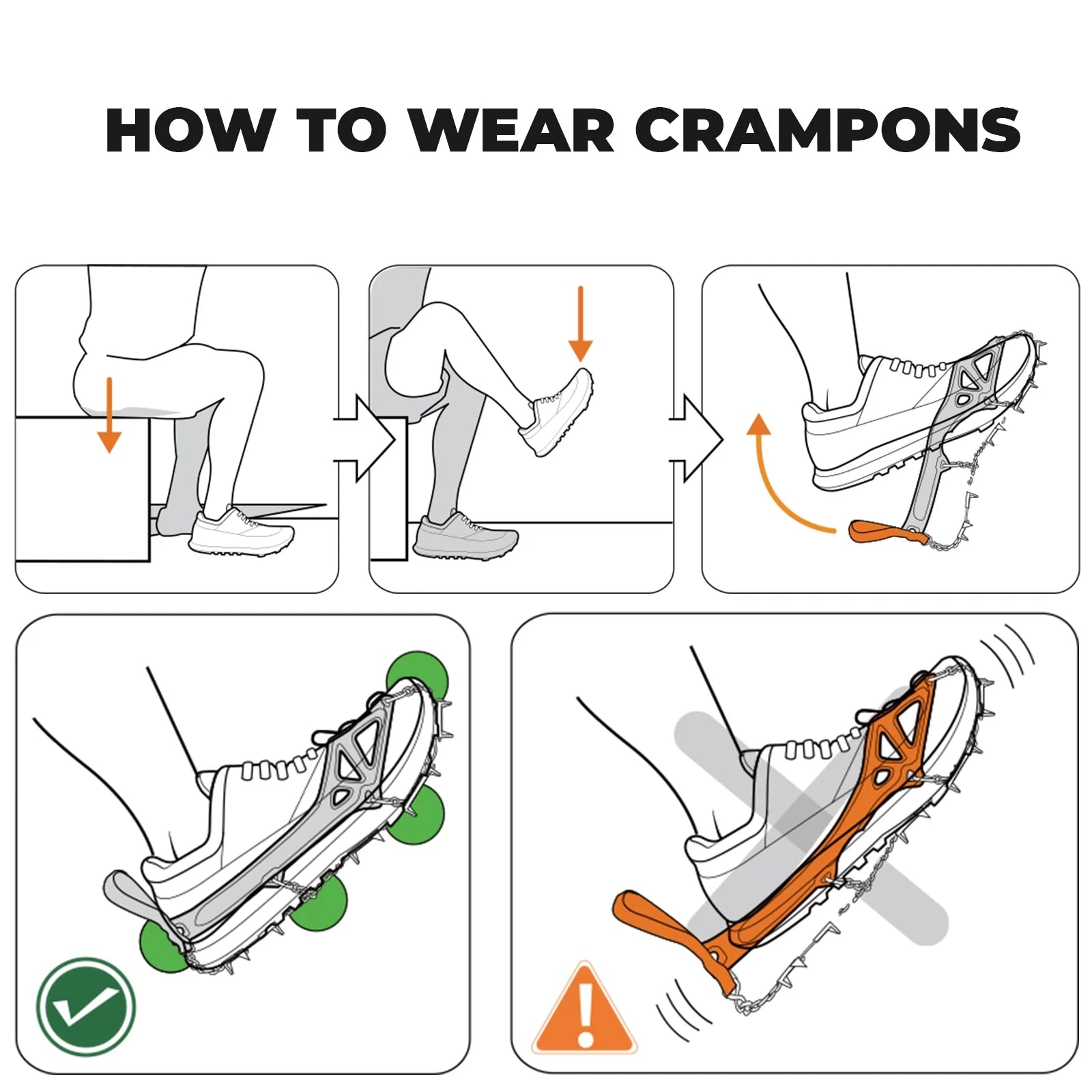 22 anti-slip stainless steel crampons by Qunature Global attached to shoes, ideal for icy and rugged terrains.