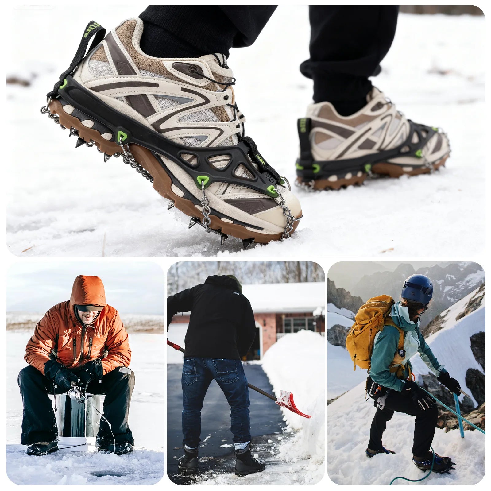 Qunature Global 22 anti-slip stainless steel crampons for shoes and boots on a snowy surface.