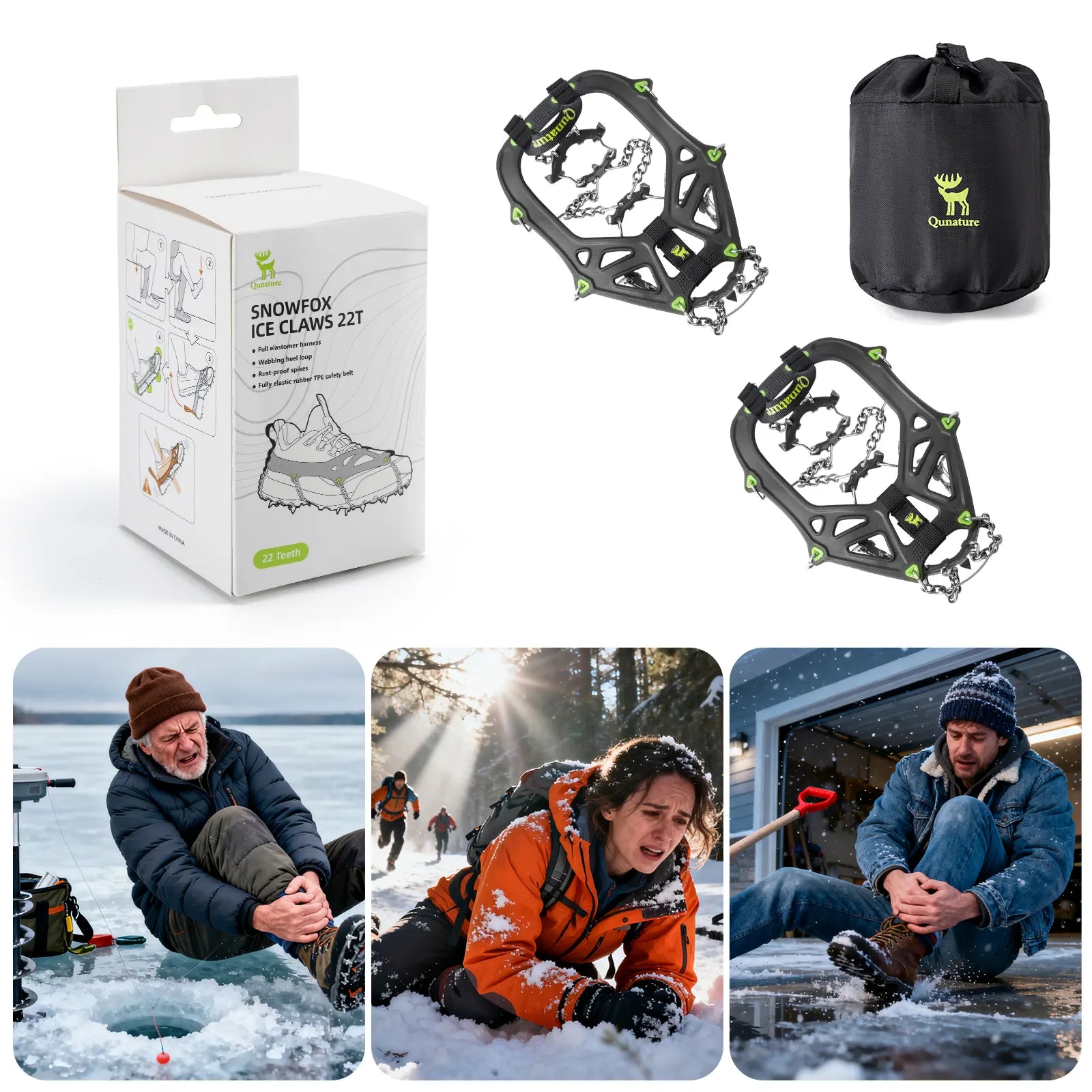 Qunature Global 22 anti-slip stainless steel crampons for shoes and boots, featuring sharp spikes for enhanced traction.