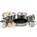 Qunature Global 304 stainless steel 5-piece camping cookware set with Teflon coating, including pots and pans for outdoor cooking.