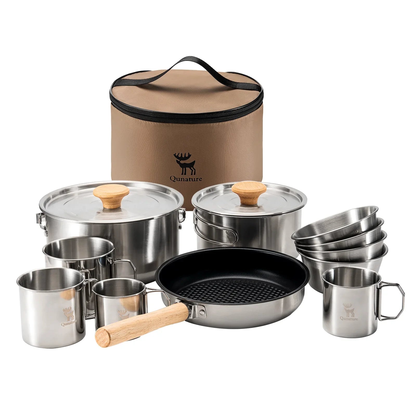 Qunature Global 304 stainless steel 5-piece camping cookware set with Teflon coating, including pots, pans, and lids for outdoor cooking.