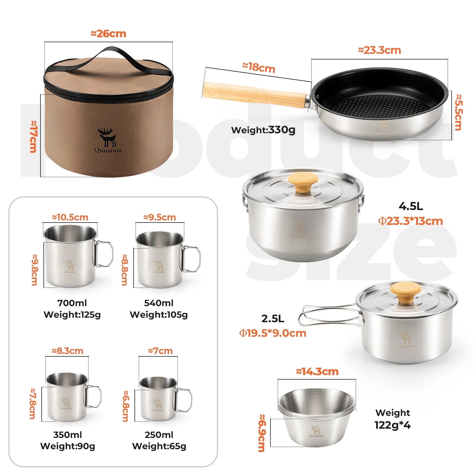 Qunature Global 304 stainless steel 5-piece camping cookware set with Teflon coating, including pots, pans, and utensils.