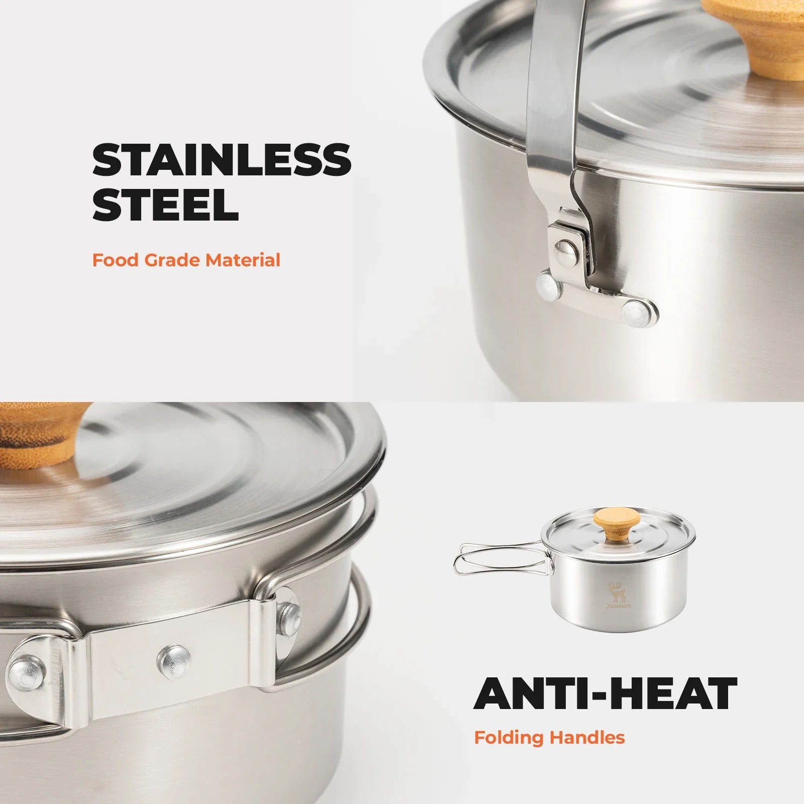 Qunature Global 304 stainless steel 5-piece camping cookware set with Teflon coating, including pots, pans, and utensils for outdoor cooking.