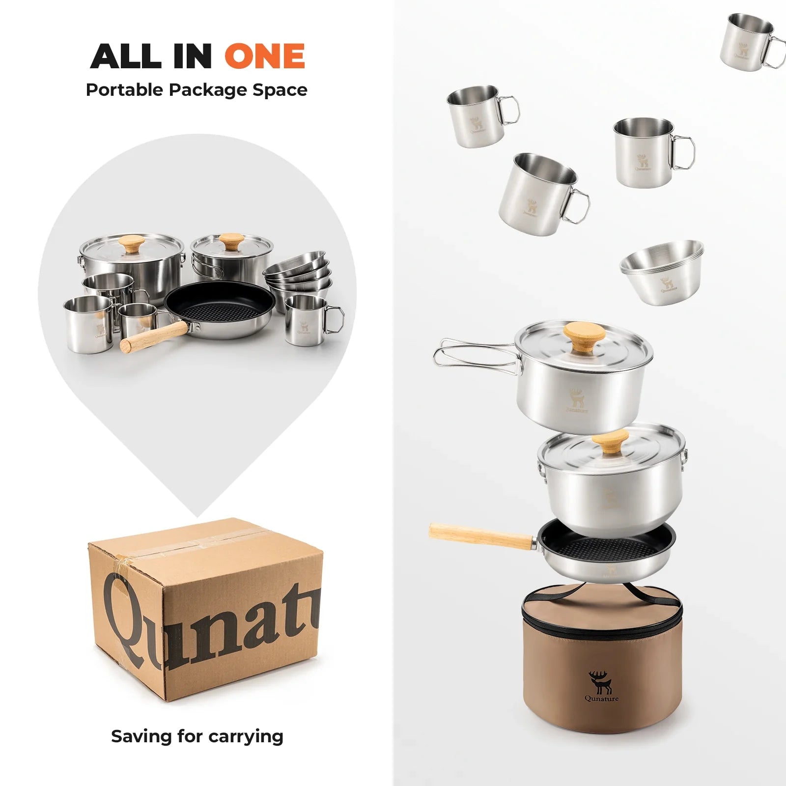 Qunature Global 304 stainless steel 5-piece camping cookware set with Teflon coating, including pots, pans, and utensils for outdoor cooking.
