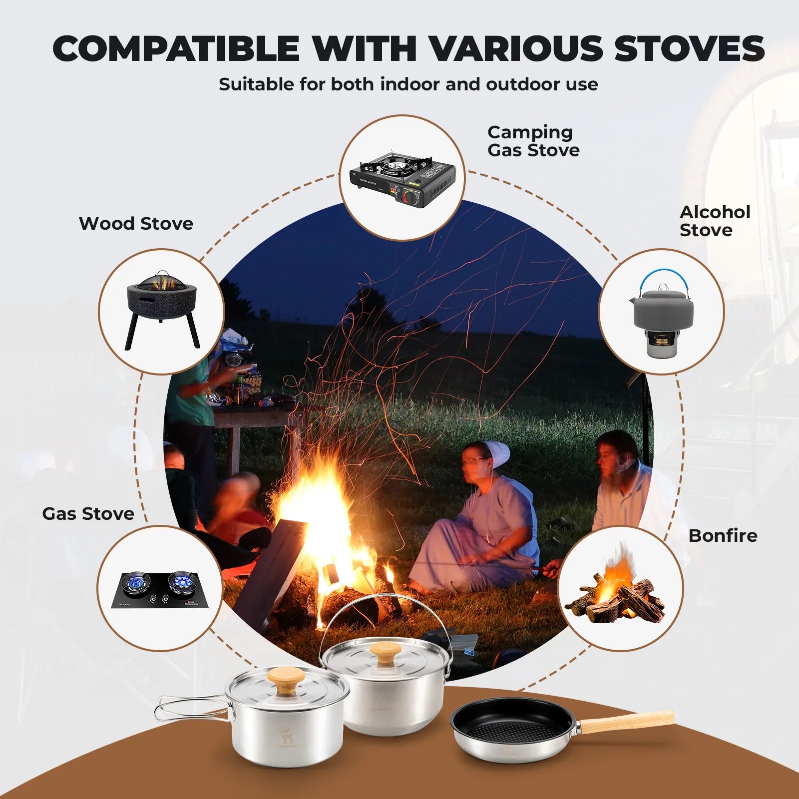 Qunature Global 5-piece camping cookware set made of 304 stainless steel with Teflon coating, including pots and pans for outdoor cooking.