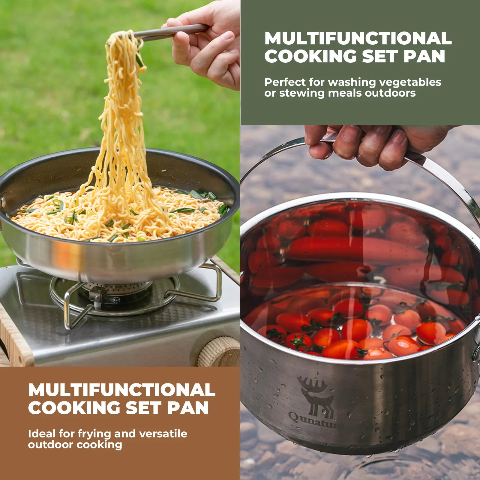 Qunature Global 5-piece camping cookware set made of 304 stainless steel with Teflon coating, including pots and pans for outdoor cooking.