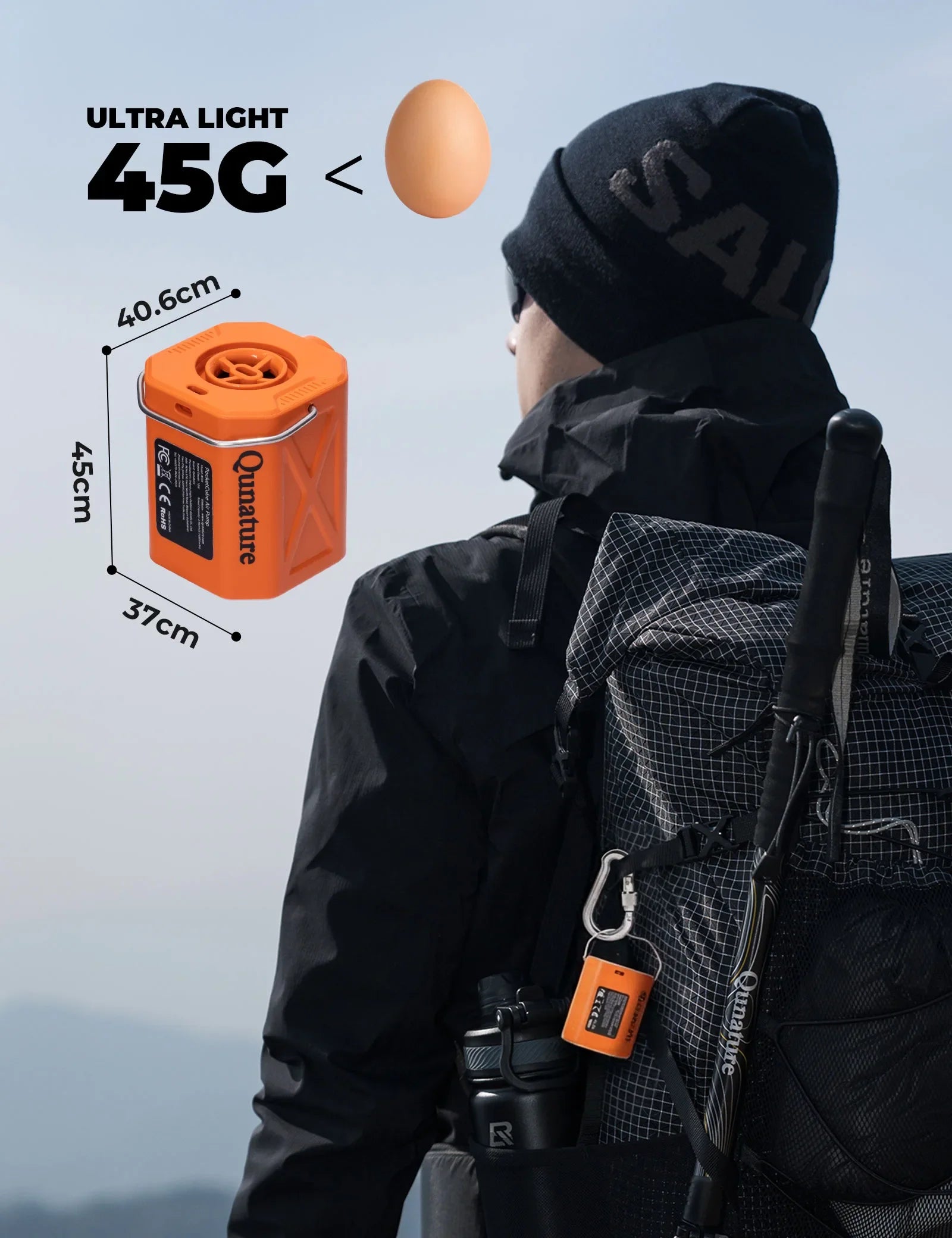 Qunature Global 4.2 kPa mini air pump with an 800 mAh battery and LED light, showcasing its compact design and features.