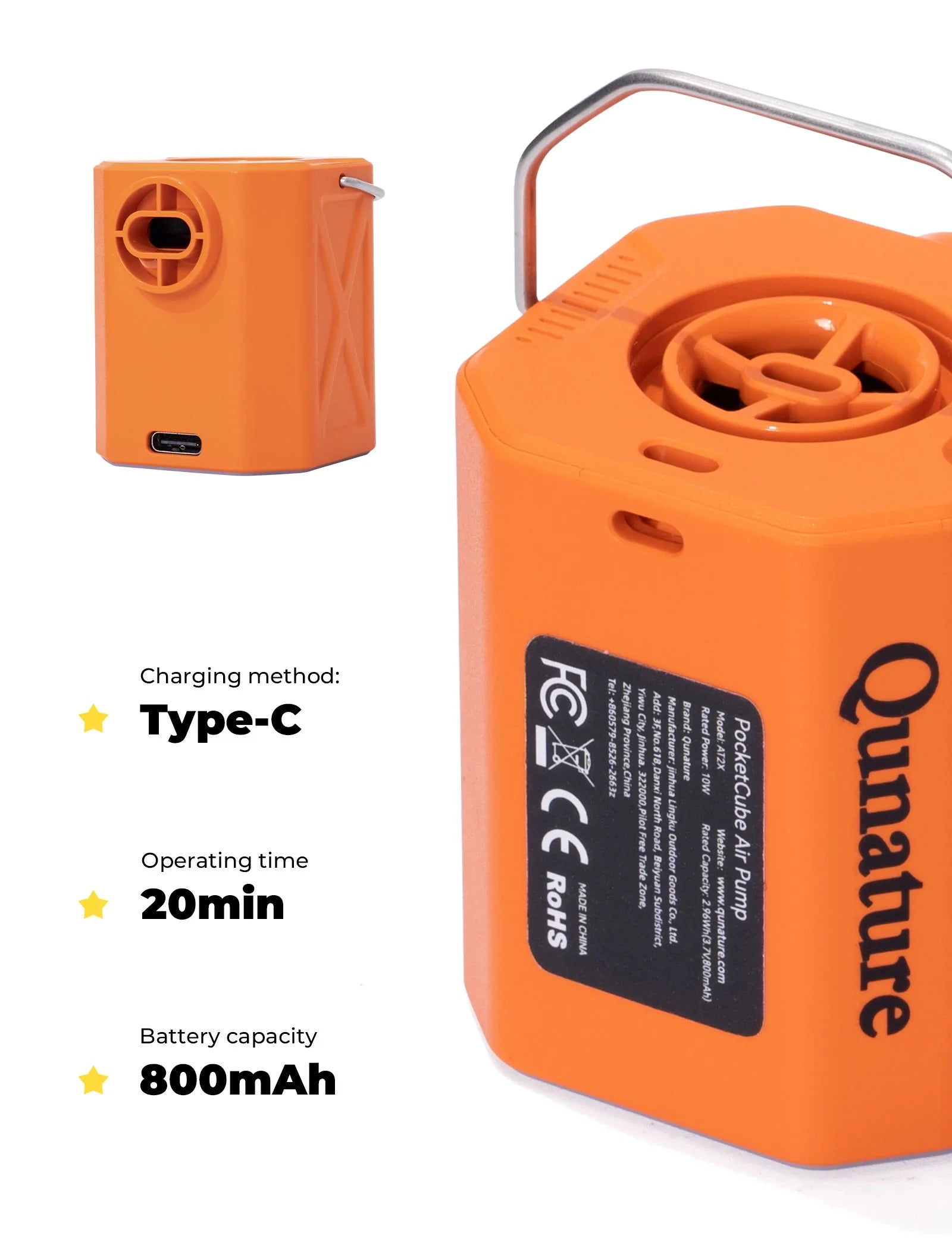 Qunature Global 4.2 kPa mini air pump with 800 mAh battery and LED light, compact design for easy portability.