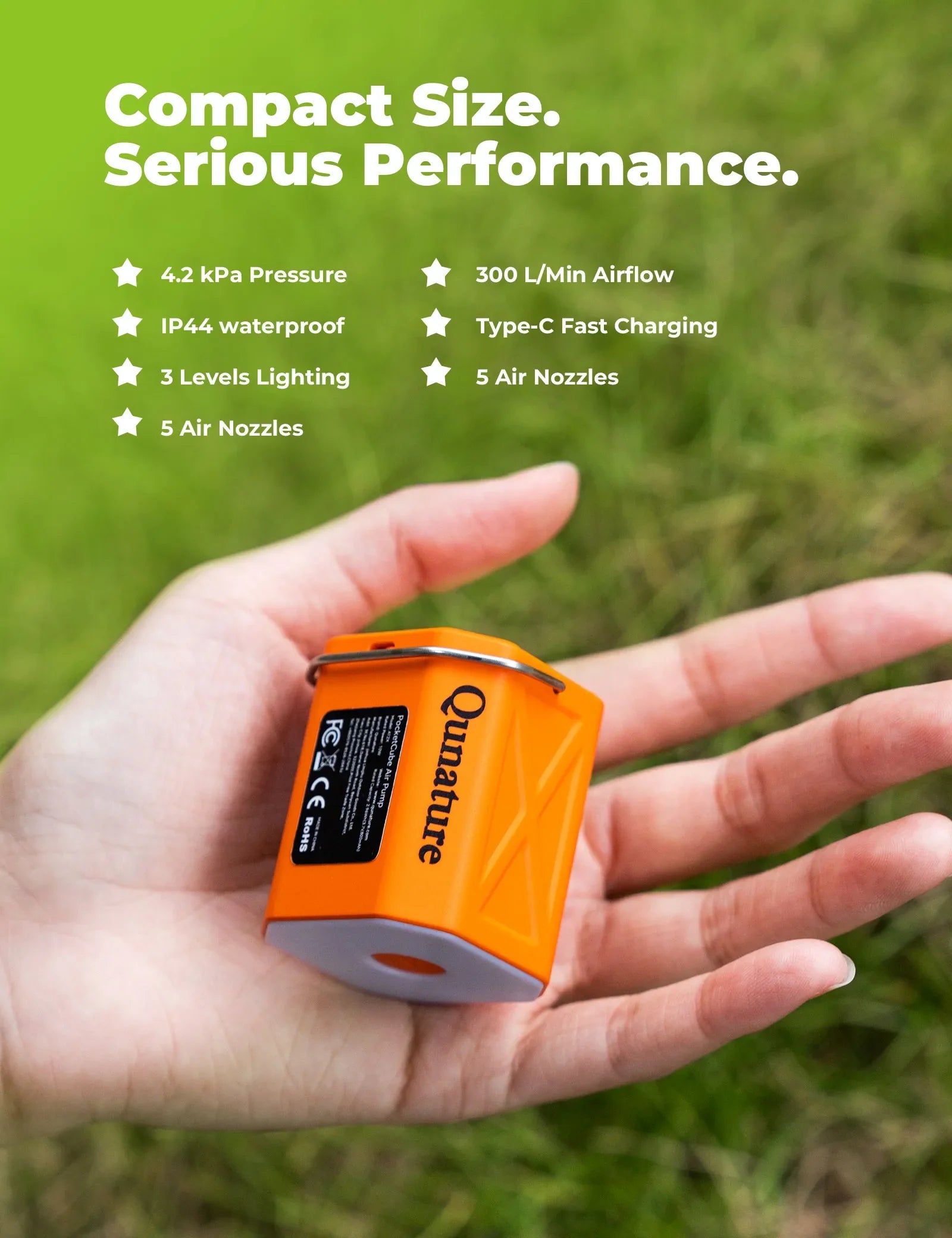 Qunature Global 4.2 kPa Mini Air Pump with LED and 800 mAh battery, compact design for easy portability.