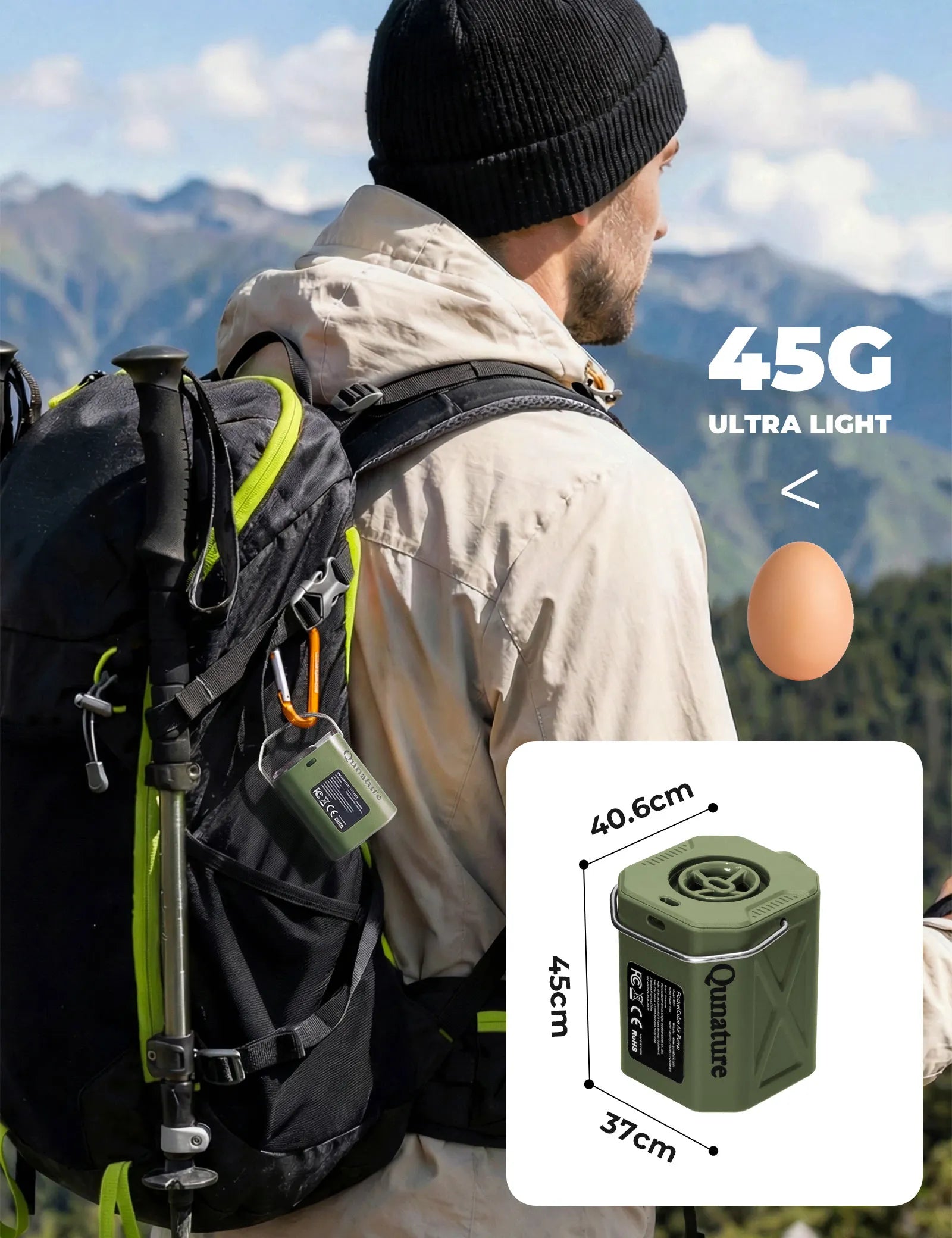 Qunature Global mini air pump with 4.2 kPa power, 800 mAh battery, and integrated LED light.