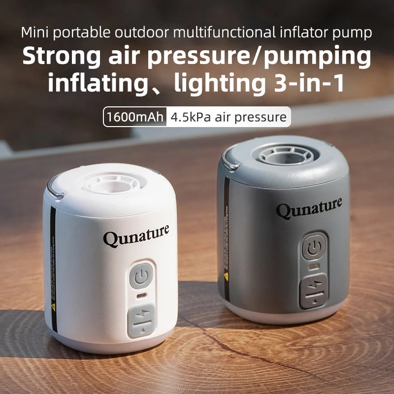 Qunature Global 4.5KPa mini air pump with built-in camping light and 1600mAh battery on a white background.