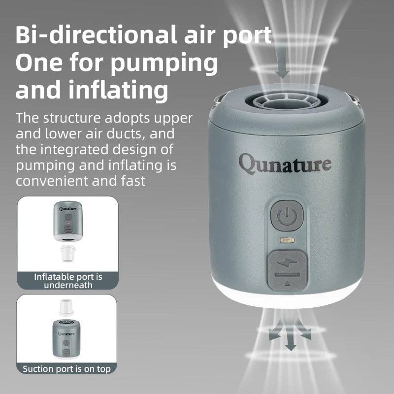 Qunature Global mini air pump with 4.5KPa power, 1600mAh battery, and integrated camping light in a compact design.
