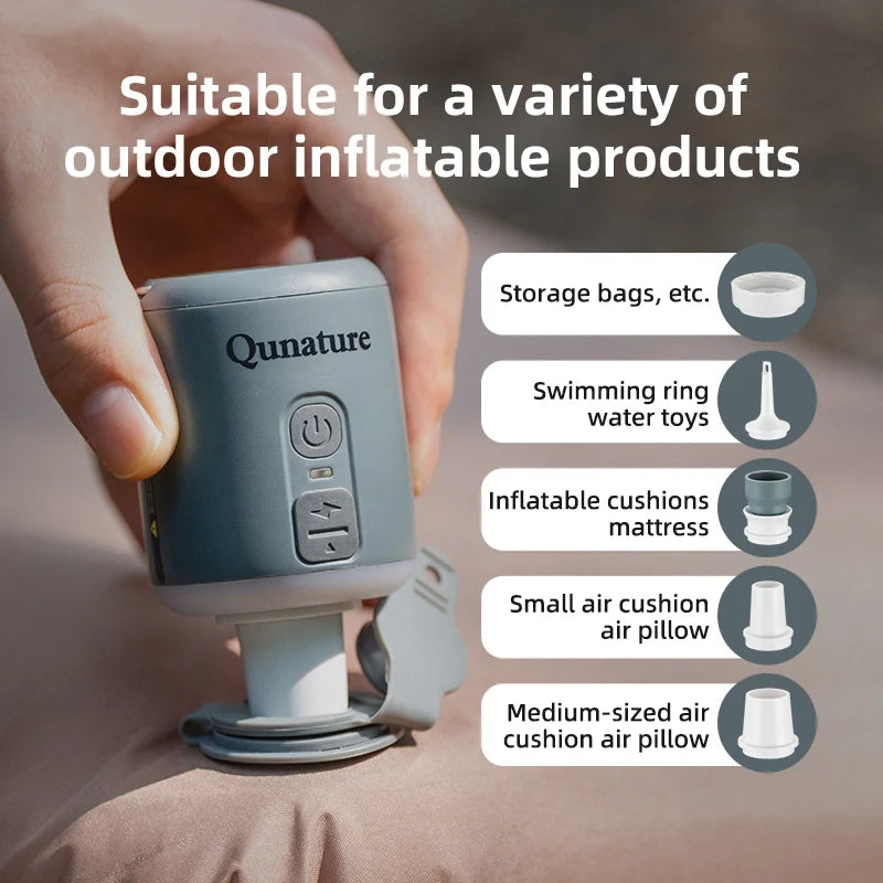 Qunature Global mini air pump with 4.5KPa pressure, 1600mAh battery, and integrated camping light.