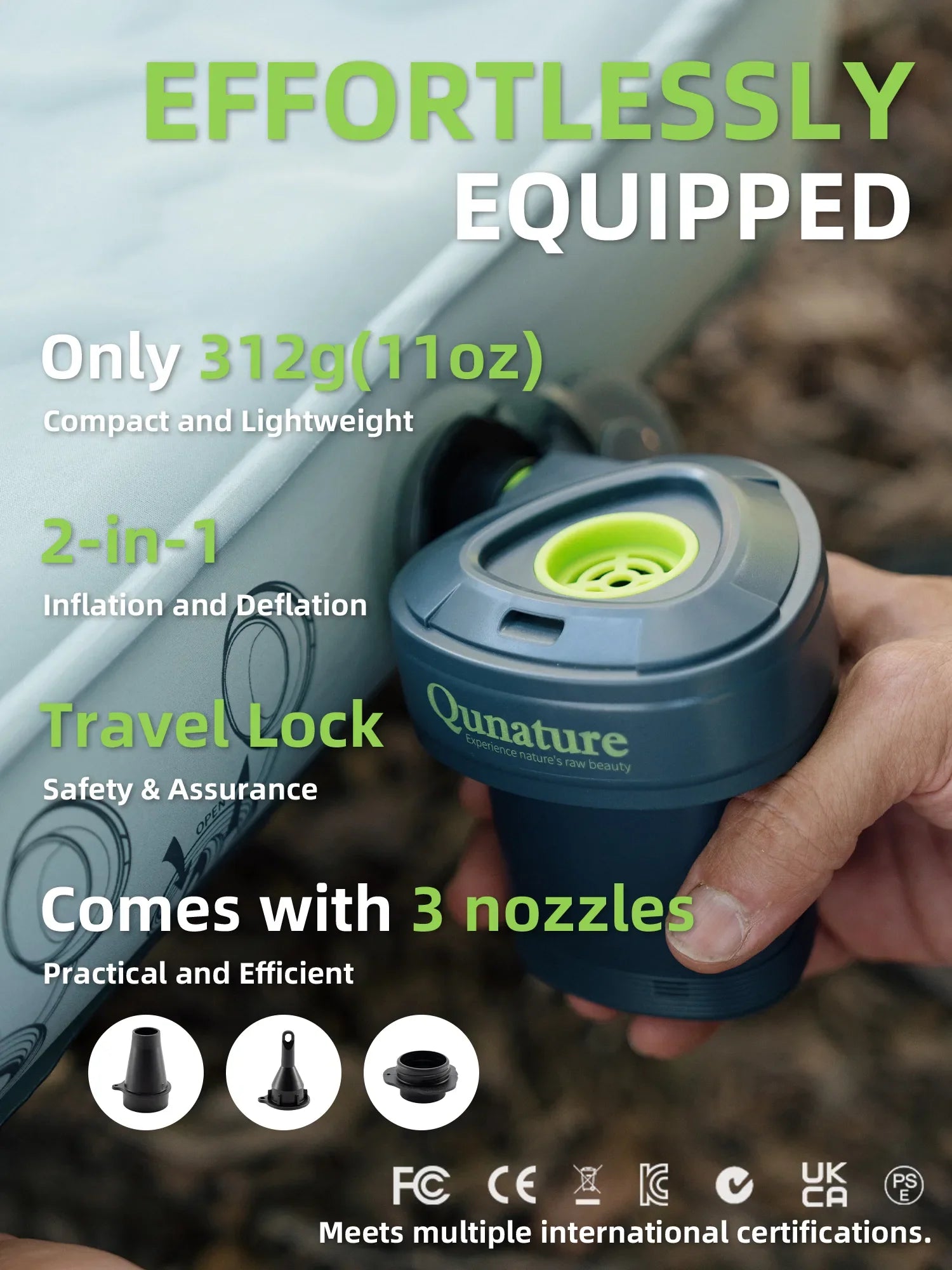 Qunature Global mini air pump with three nozzles and Type-C cable, compact design for easy portability and use.