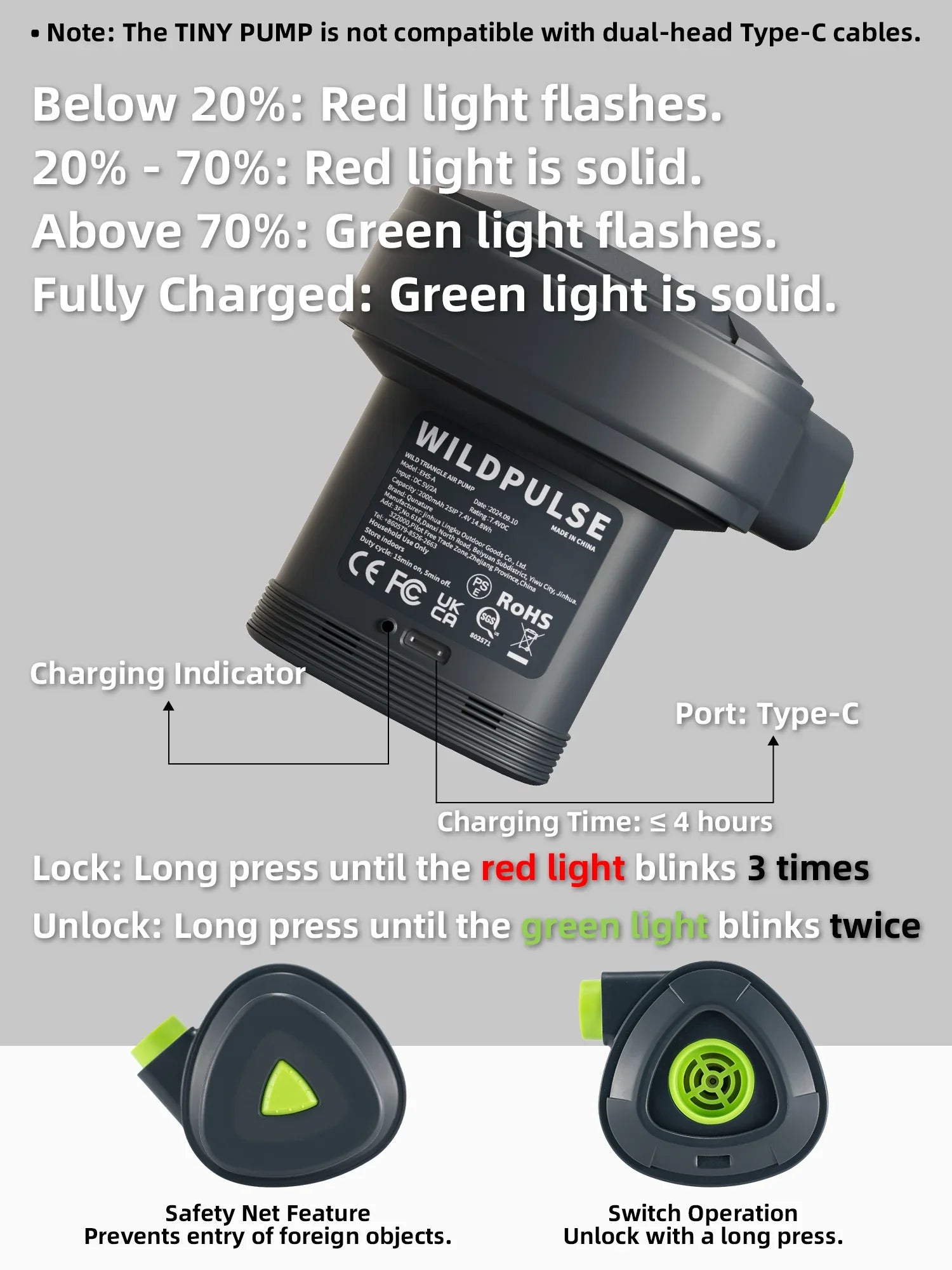Qunature Global 5KPa mini electric air pump with three nozzles and Type-C cable for versatile inflation tasks.