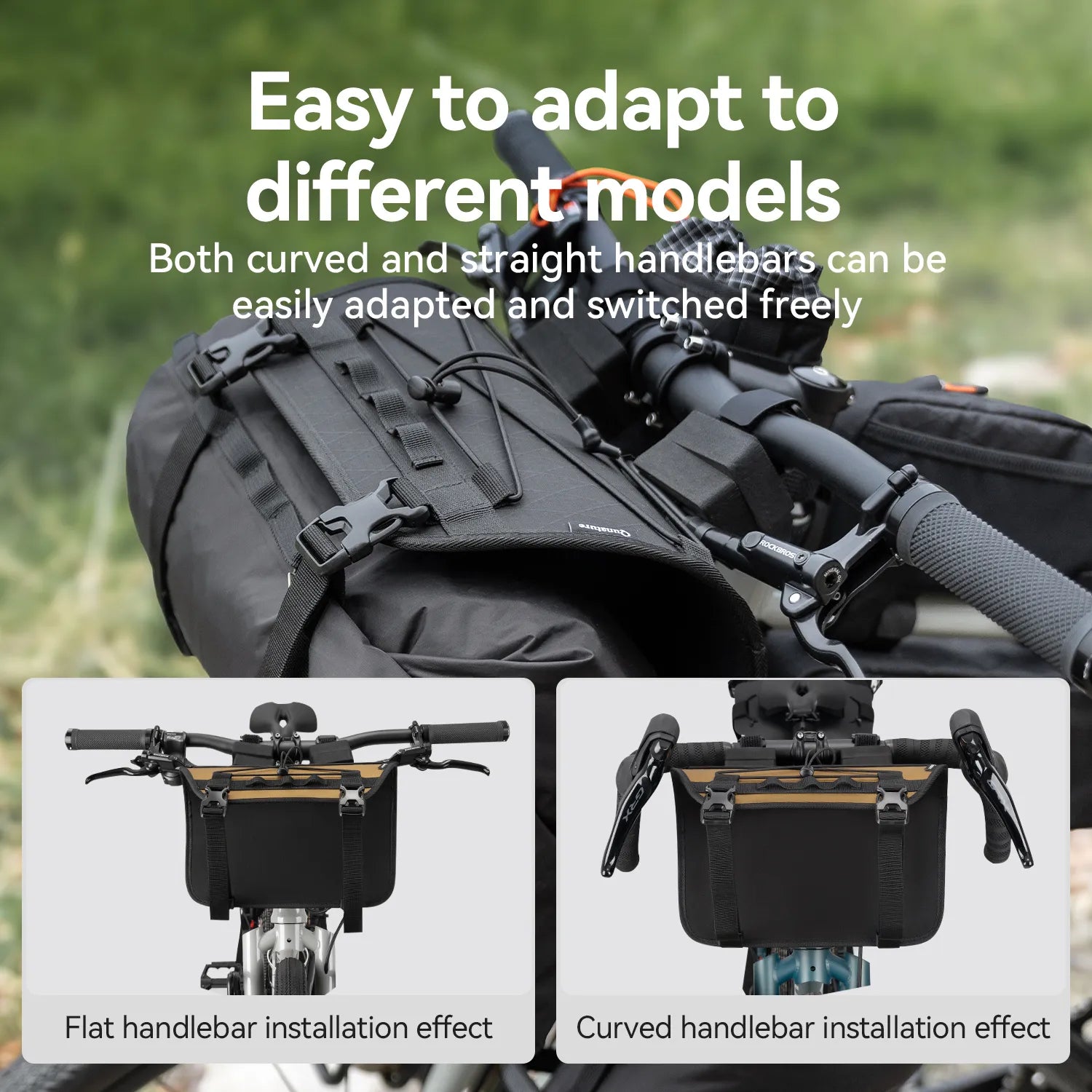 Qunature Global adjustable handlebar cradle bike bag carrier mounted on a bike for bikepacking adventures.