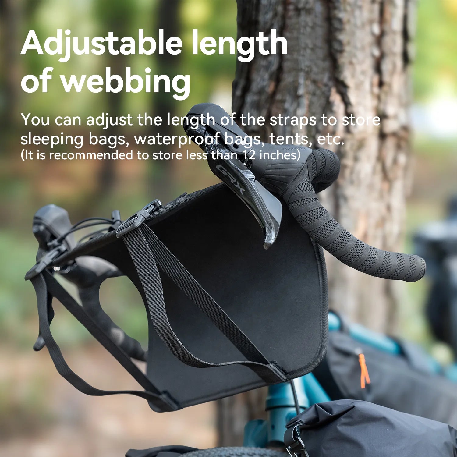 Qunature Global adjustable handlebar cradle bike bag carrier mounted on a bicycle for bikepacking adventures.