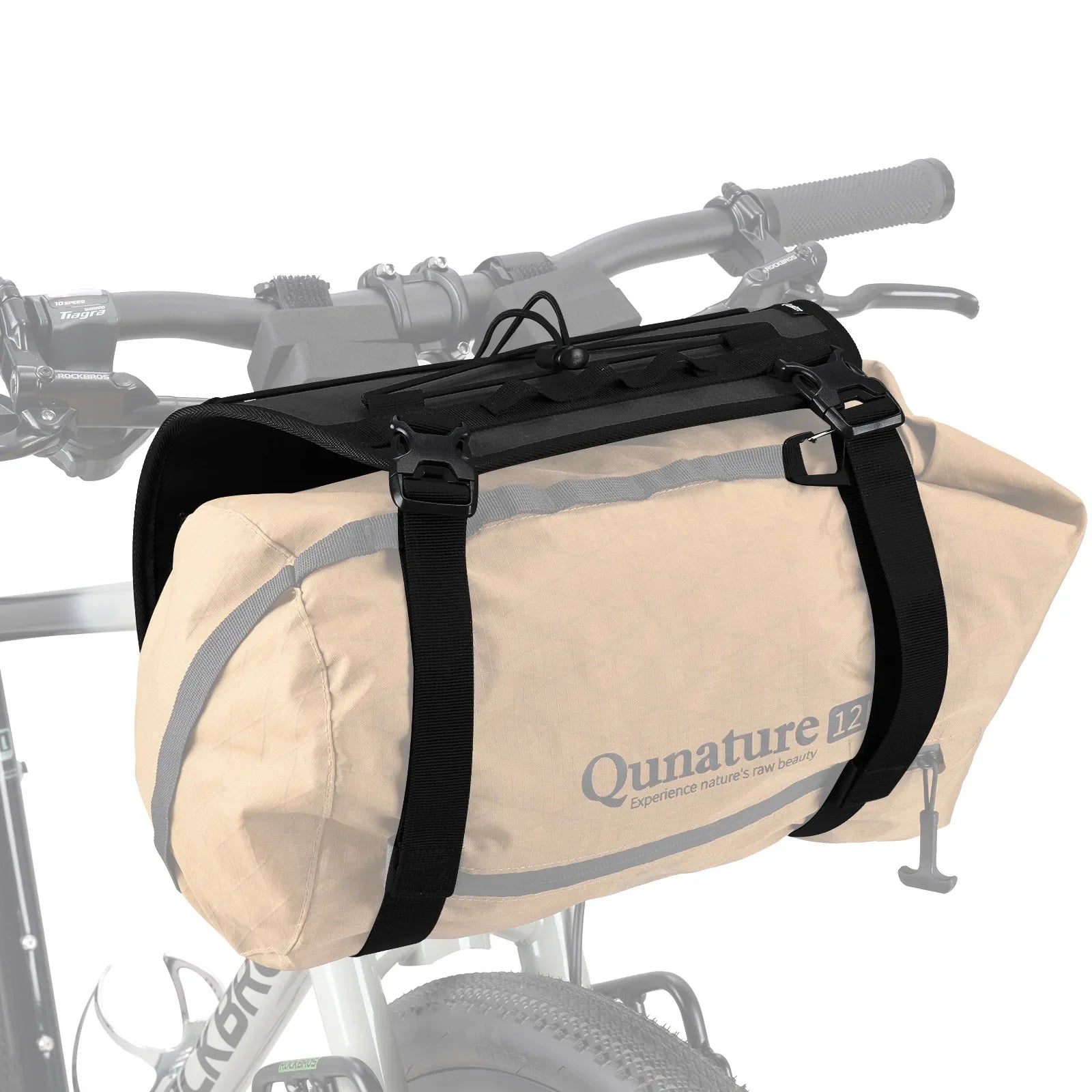 Qunature Global adjustable handlebar cradle bike bag carrier mounted on a bicycle for bikepacking adventures.
