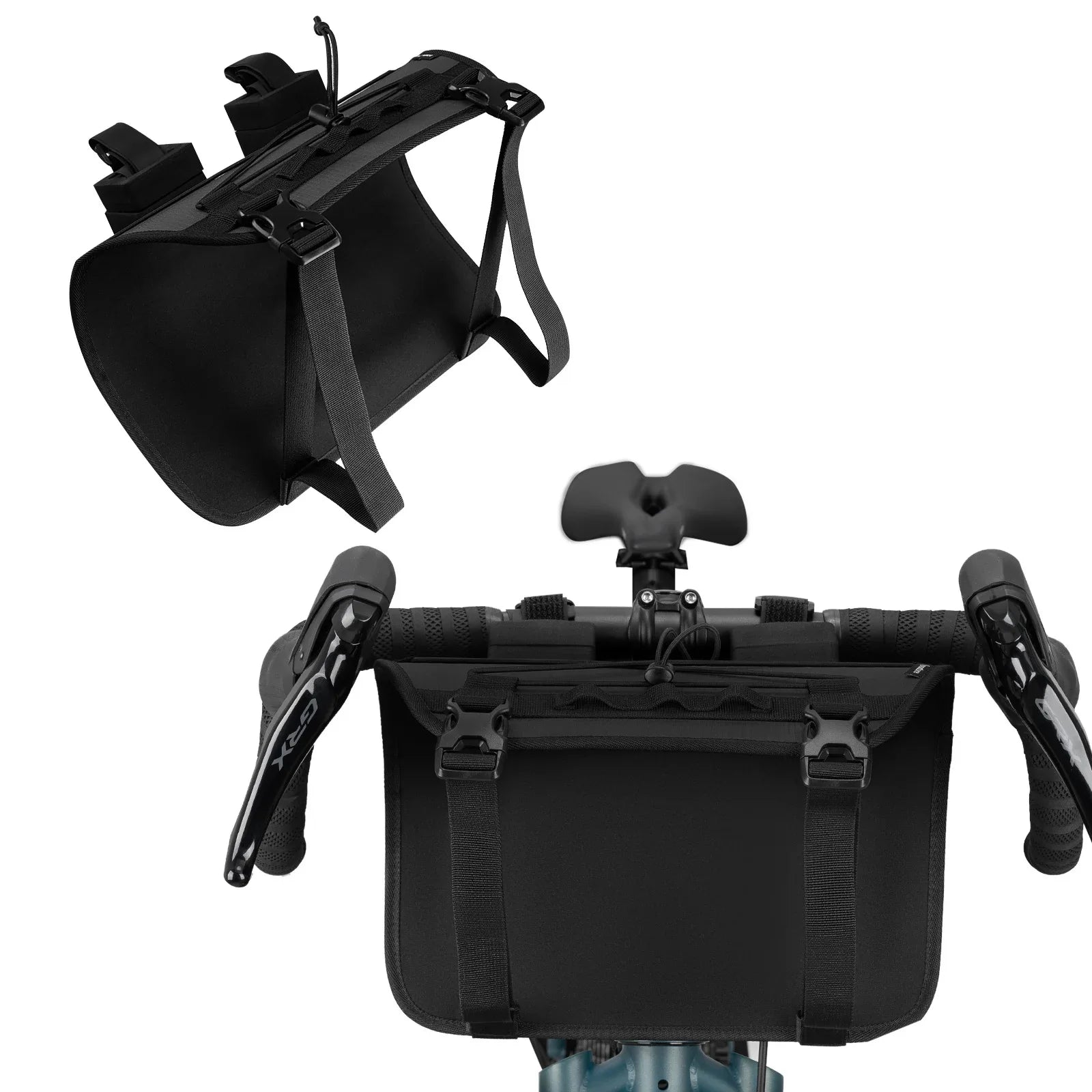 Qunature Global adjustable handlebar cradle bike bag carrier mounted on a bicycle for bikepacking adventures.