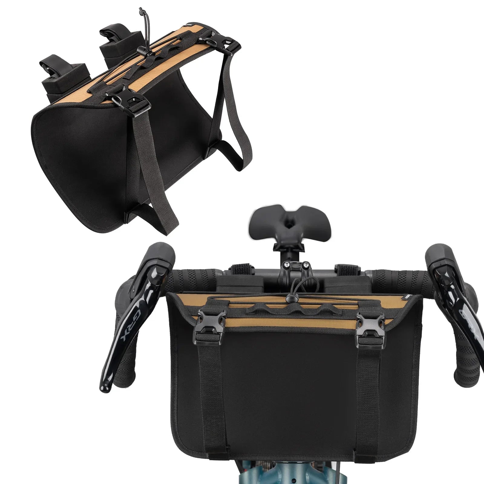 Qunature Global adjustable handlebar cradle bike bag carrier mounted on a bike, ideal for bikepacking adventures.