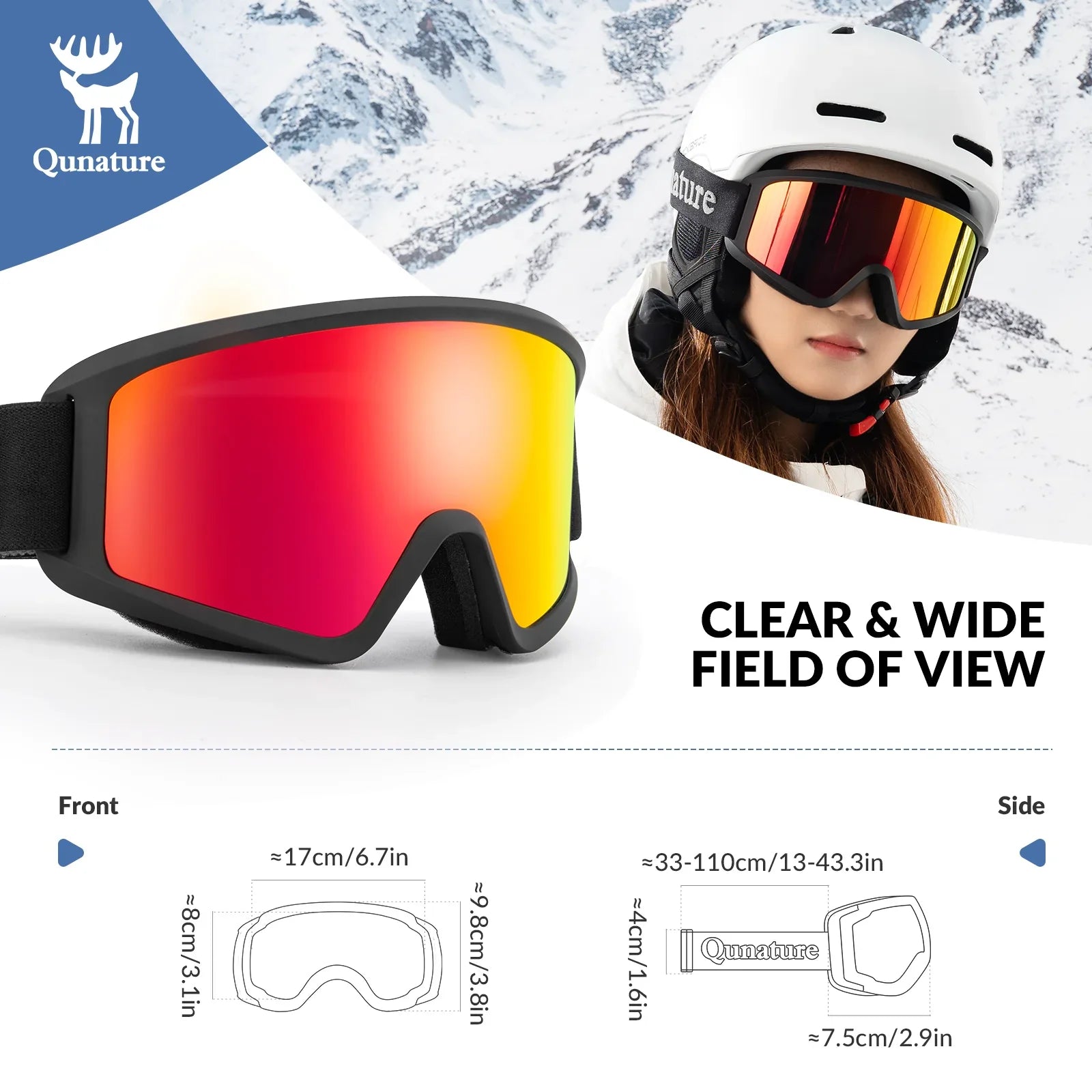 Qunature Global anti-fog cylindrical ski goggles with double-layer lenses and UV400 protection for winter sports.