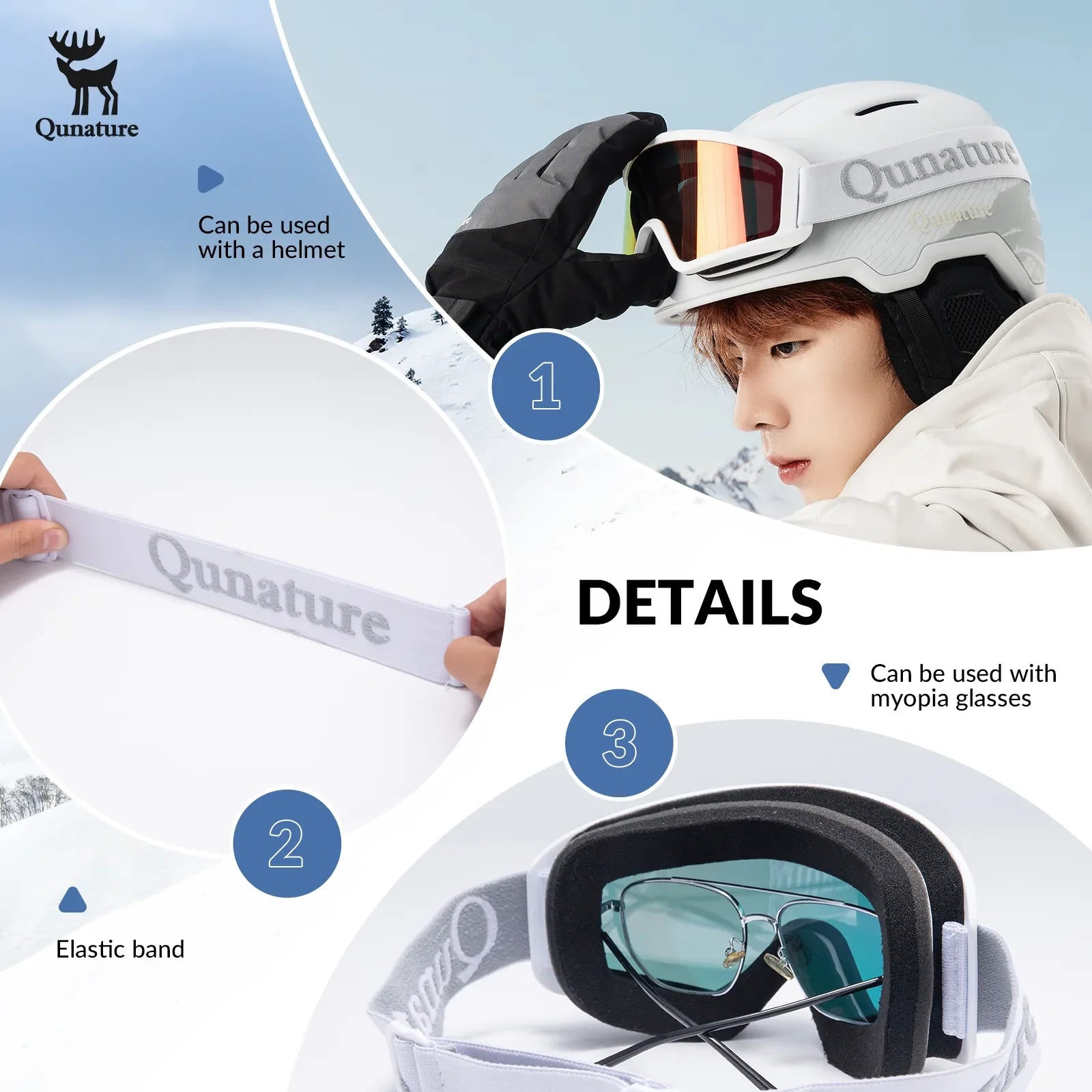 Qunature Global anti-fog cylindrical ski goggles with double-layer lenses and UV400 protection for winter sports.