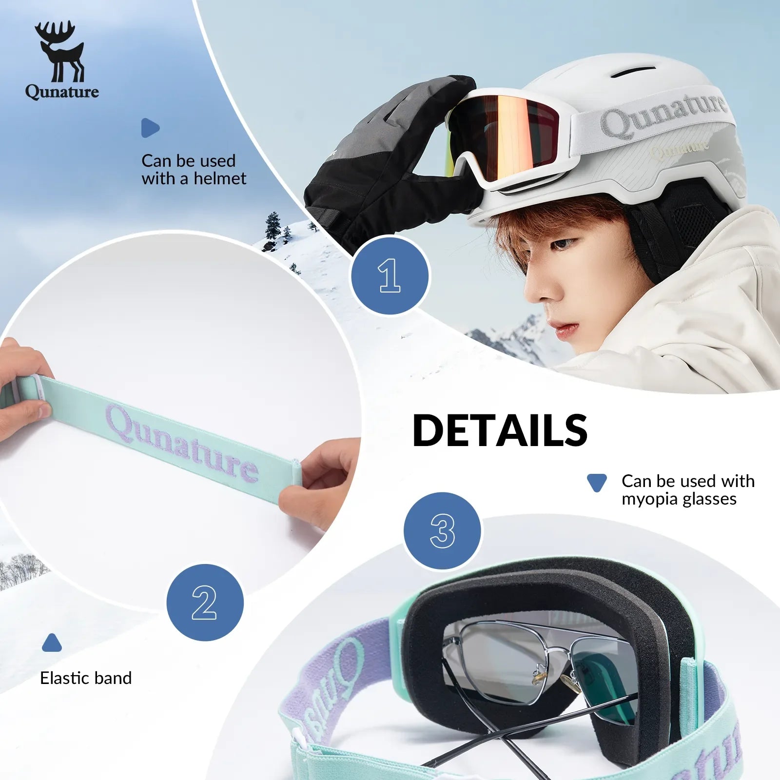 Qunature Global anti-fog cylindrical ski goggles with double-layer lenses and UV400 protection for winter sports.