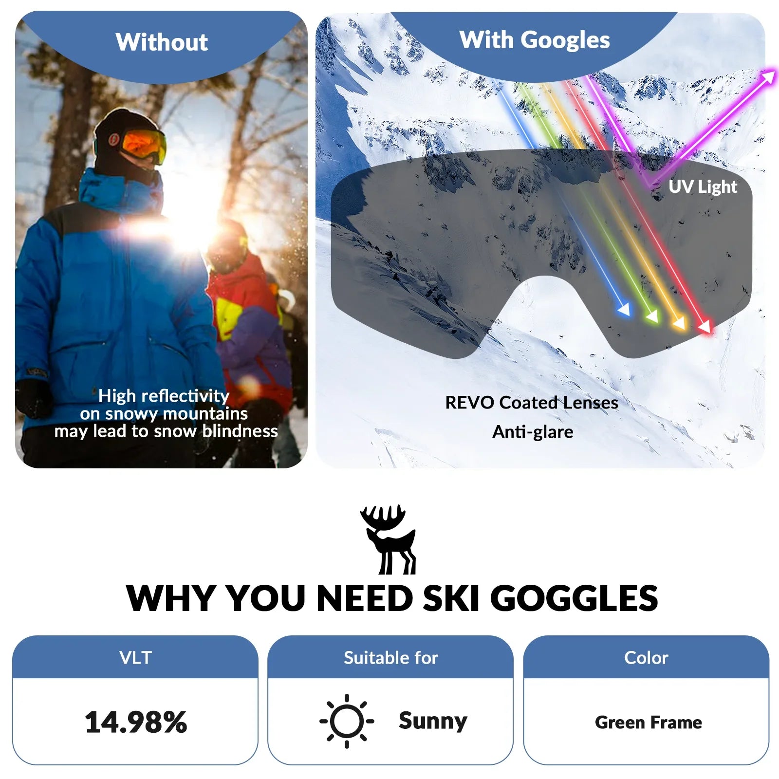 Qunature Global anti-fog cylindrical ski goggles with double-layer lenses and UV400 protection for winter snowboarding.