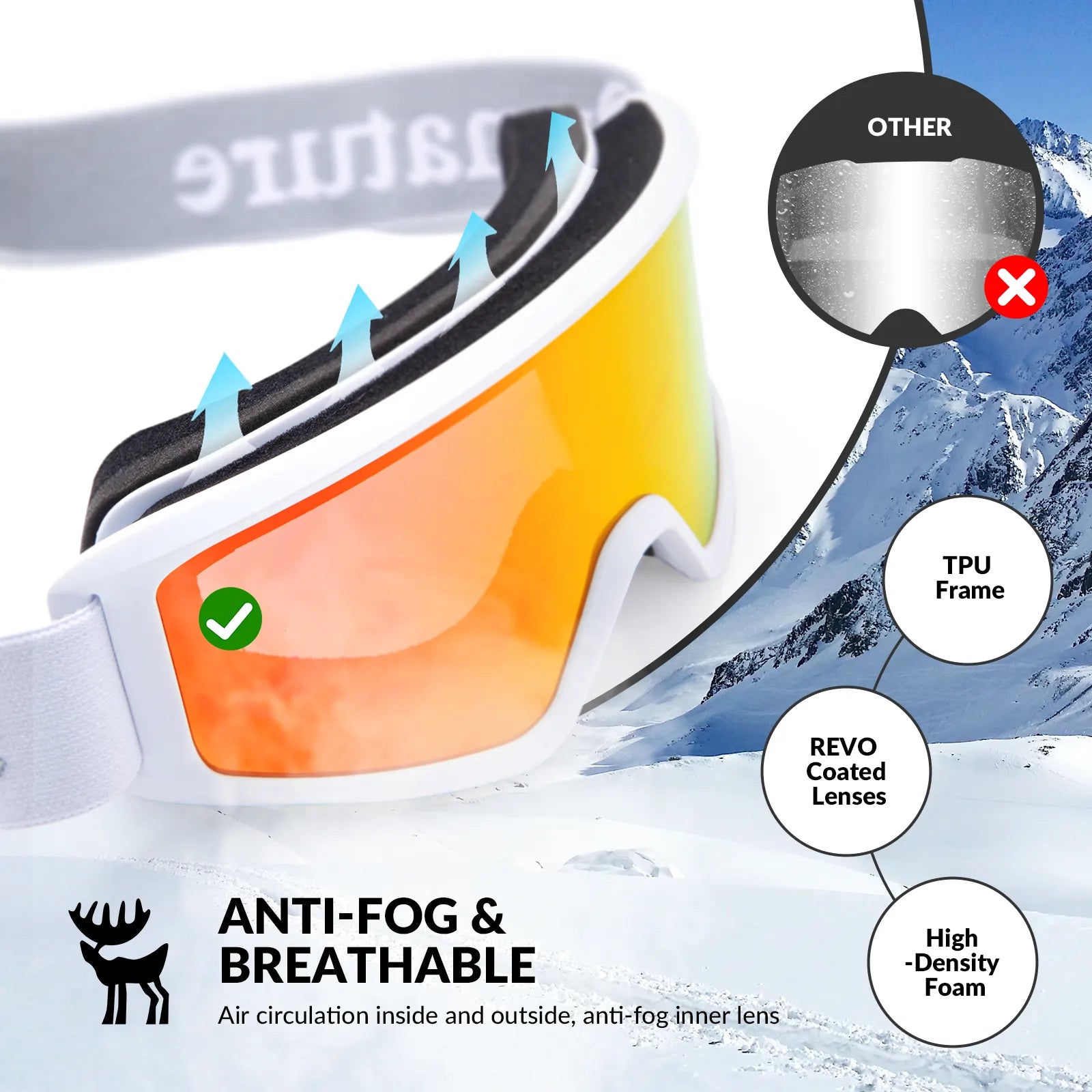 Qunature Global anti-fog cylindrical ski goggles with double-layer lenses and UV400 protection for winter sports.