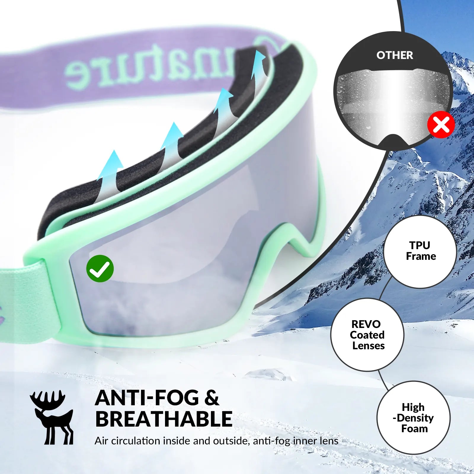 Qunature Global anti-fog cylindrical ski goggles with double-layer lenses and UV400 protection for winter sports.