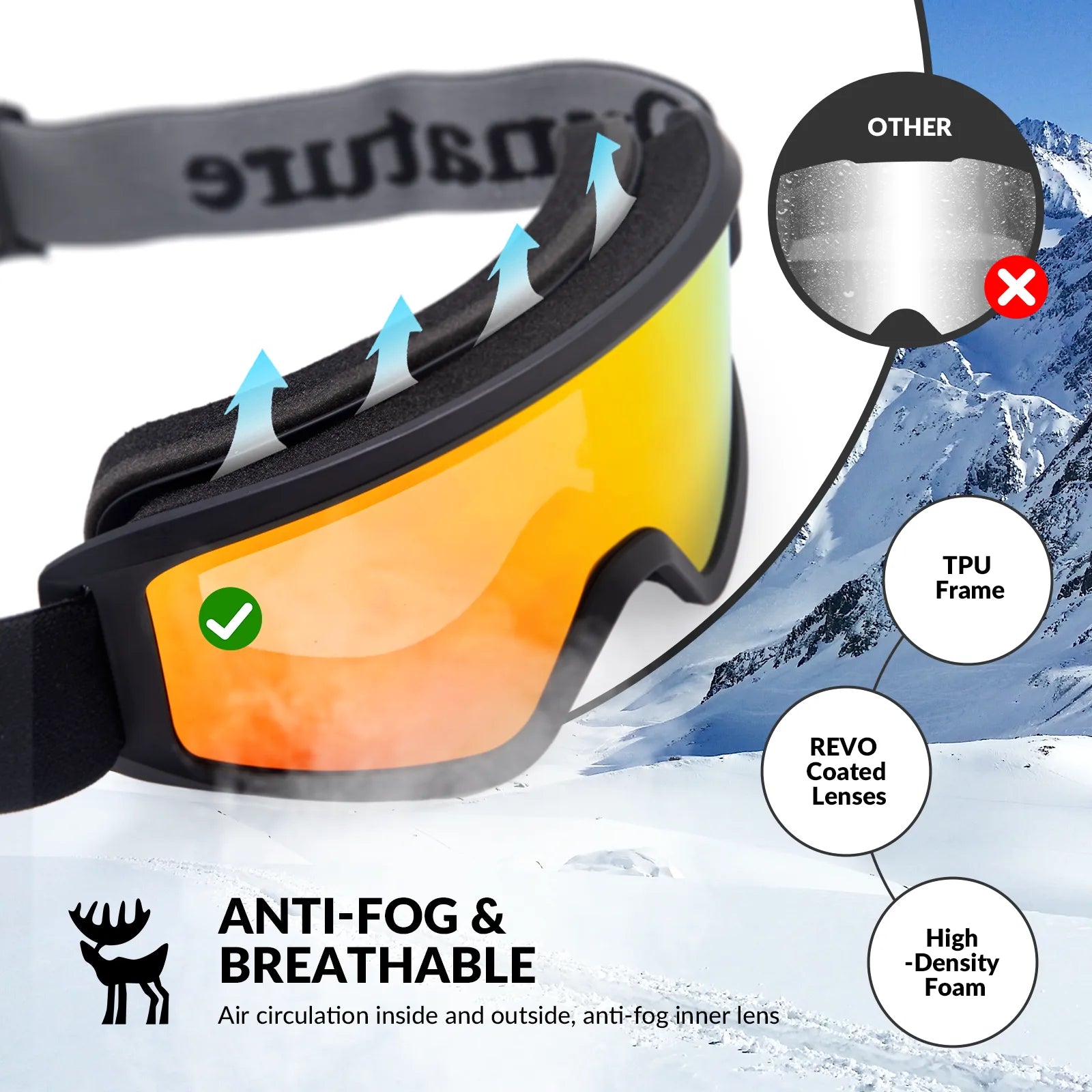 Qunature Global anti-fog cylindrical ski goggles with double-layer lenses and UV400 protection for winter sports.