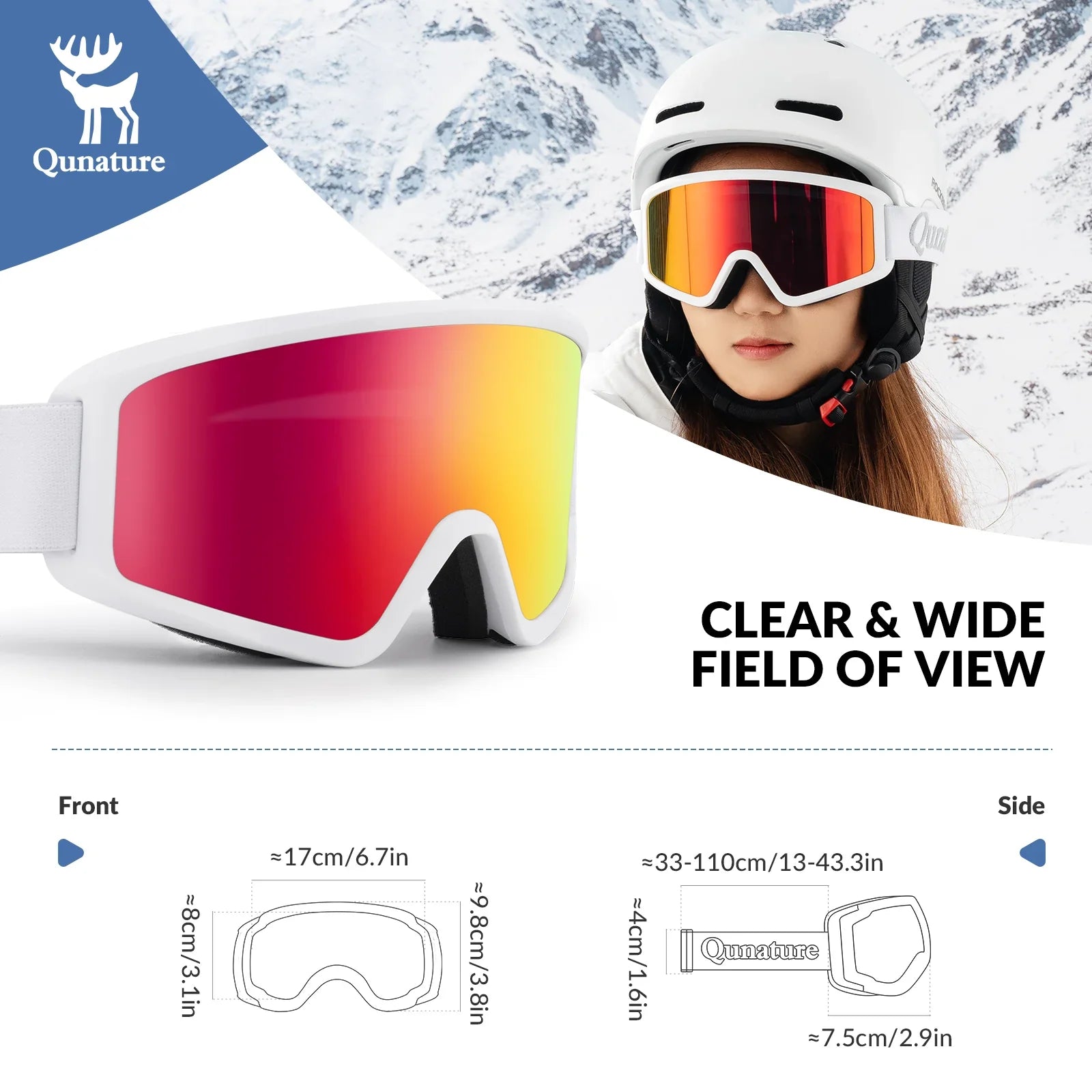 Qunature Global anti-fog cylindrical ski goggles with double-layer lenses and UV400 protection for winter sports.