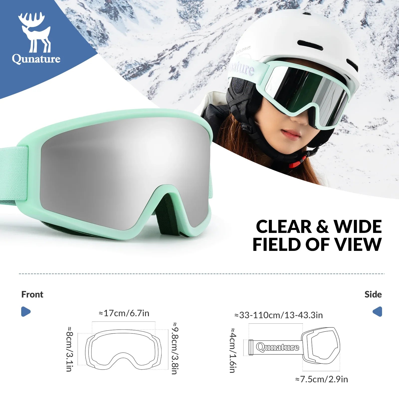Qunature Global anti-fog cylindrical ski goggles with double-layer lenses and UV400 protection for winter sports.
