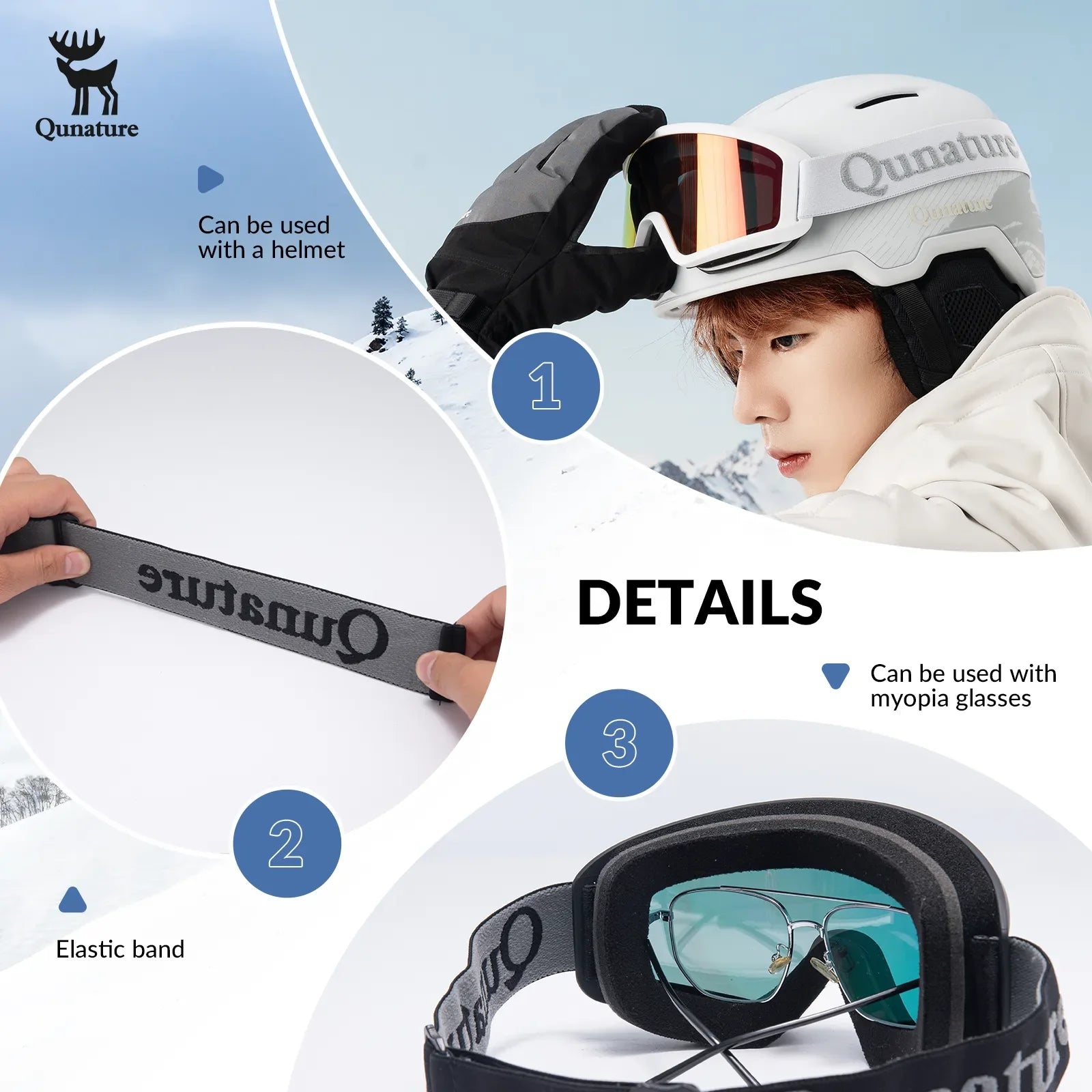 Qunature Global anti-fog cylindrical ski goggles with double-layer lenses and UV400 protection for winter sports.