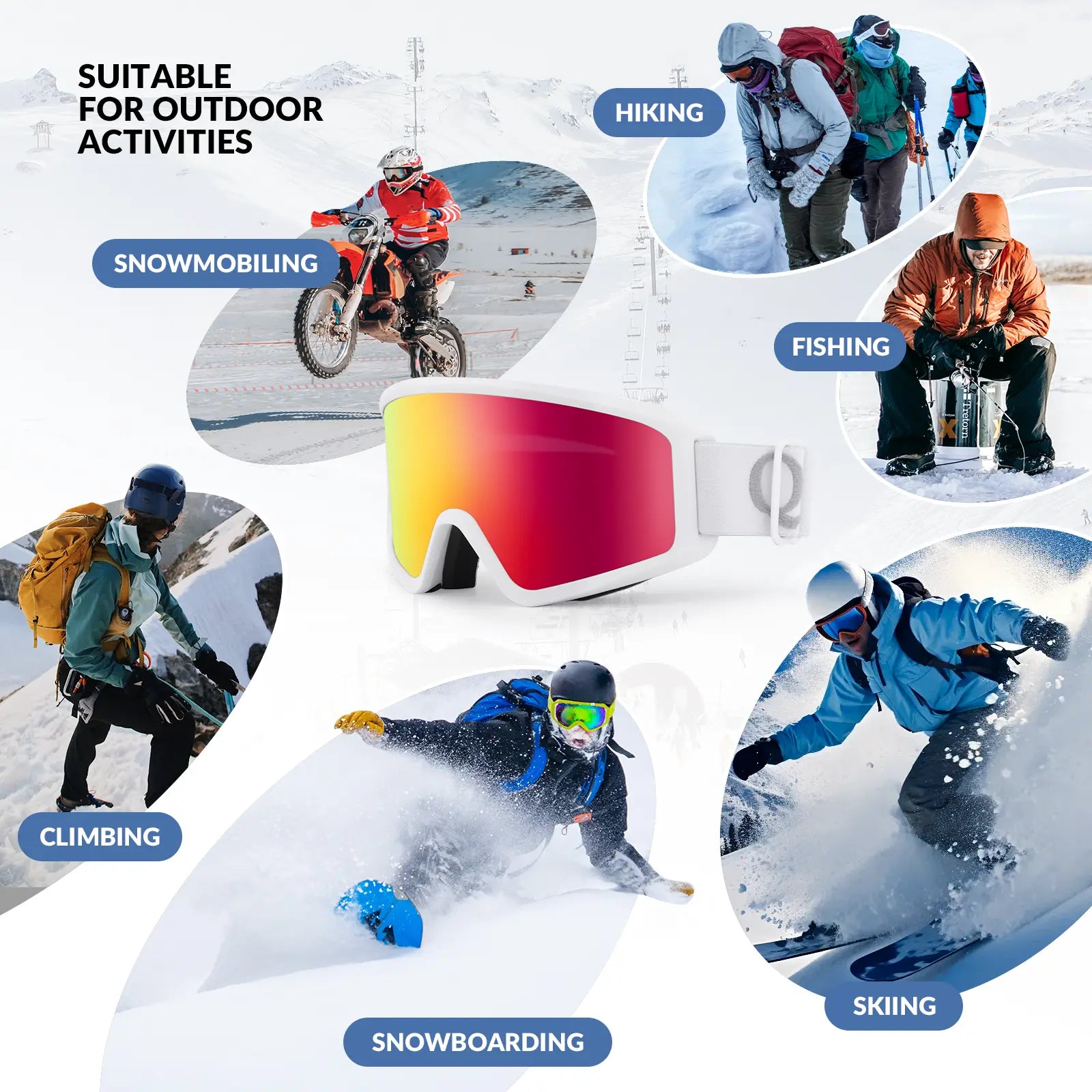Qunature Global anti-fog cylindrical ski goggles with double-layer lenses and UV400 protection for winter sports.