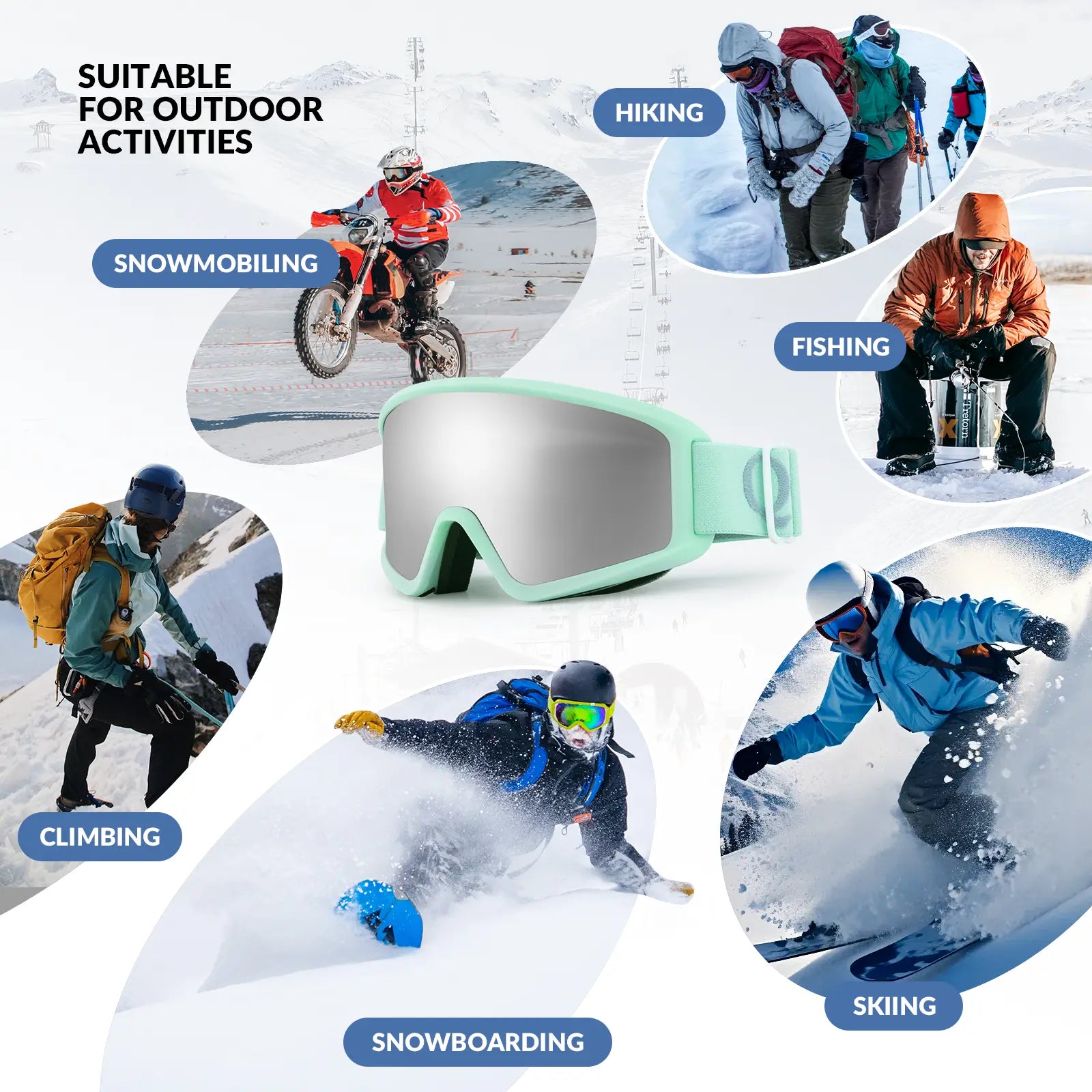 Qunature Global anti-fog cylindrical ski goggles with double-layer lenses and UV400 protection for winter sports.