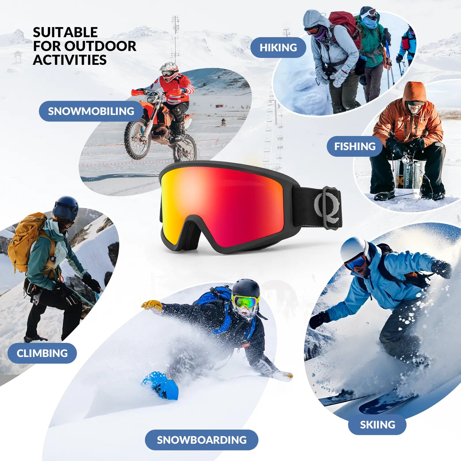 Qunature Global anti-fog cylindrical ski goggles with double-layer lenses and UV400 protection for winter sports.