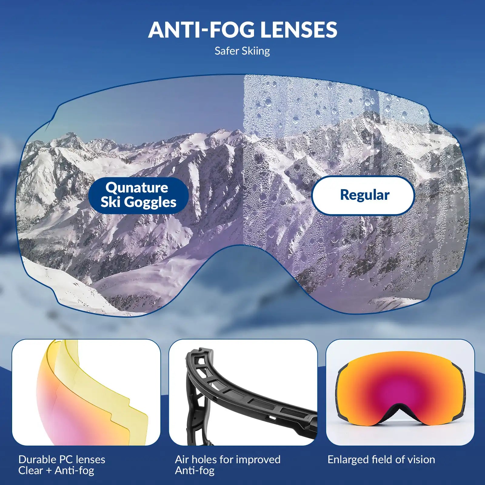 Qunature Global anti-fog ski goggles with UV400 protection and double-layer lenses for clear winter visibility.
