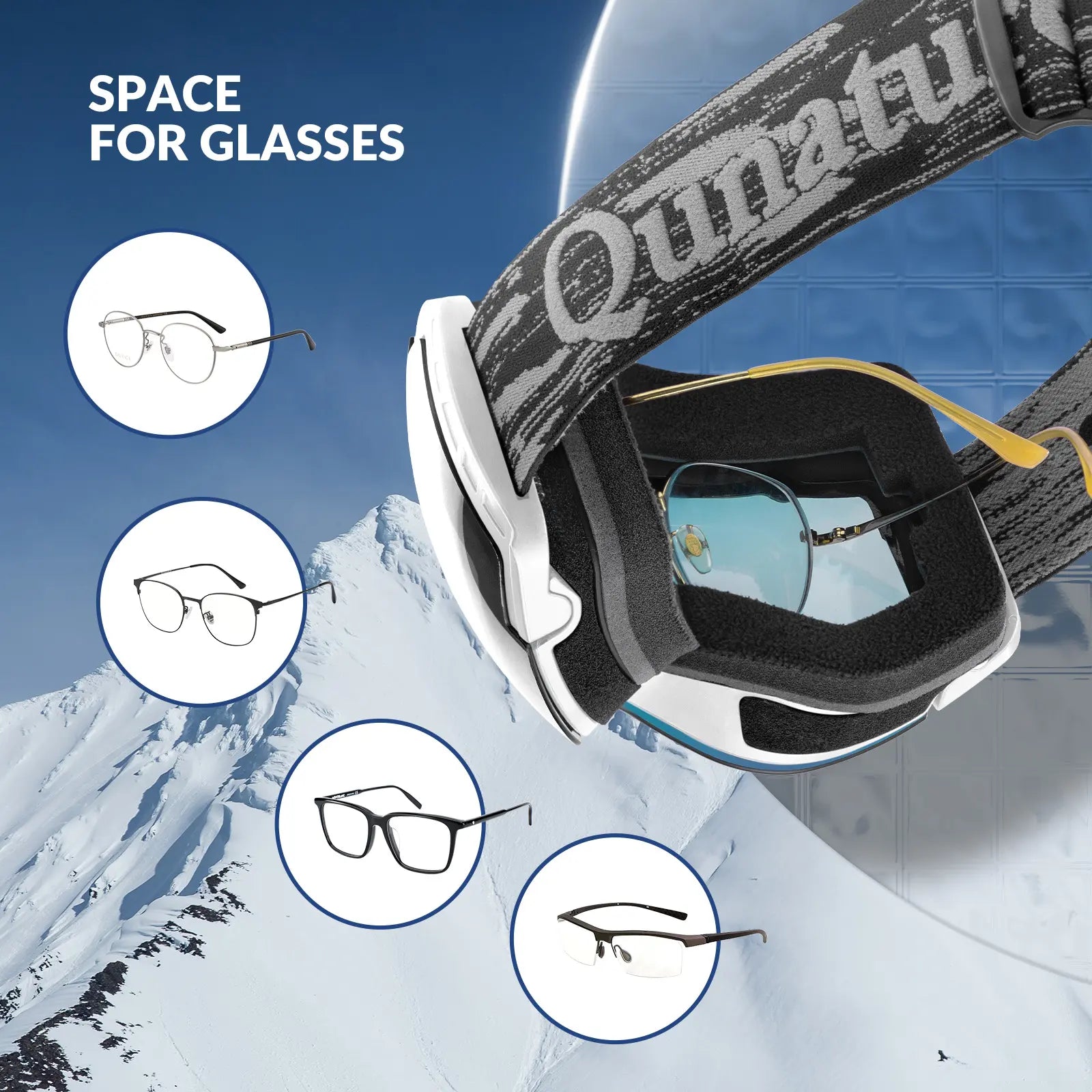 Qunature Global anti-fog ski goggles with UV400 protection and double-layer lenses for clear winter skiing visibility.