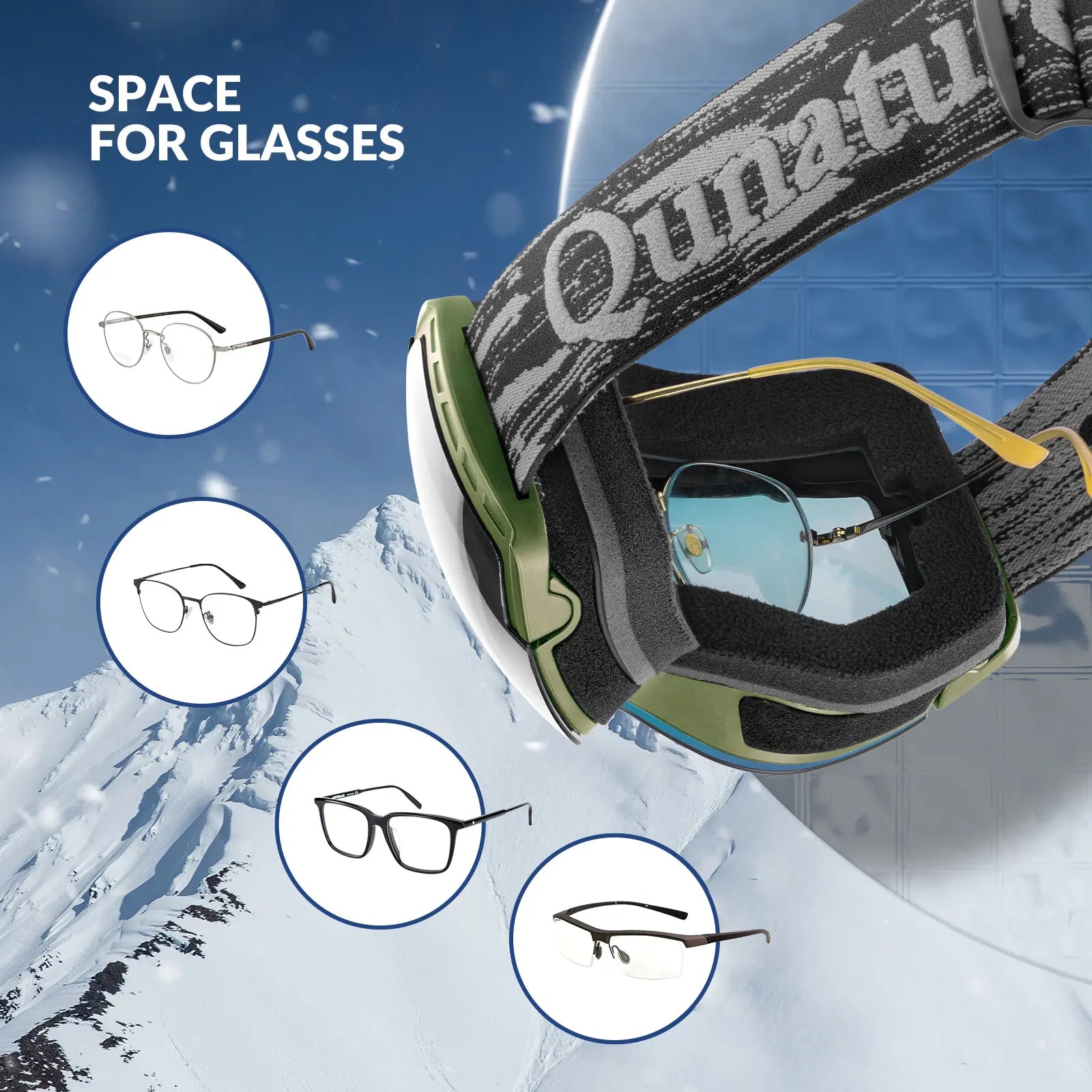 Qunature Global anti-fog ski goggles with UV400 protection and double-layer lenses, designed for clear winter mountain views.