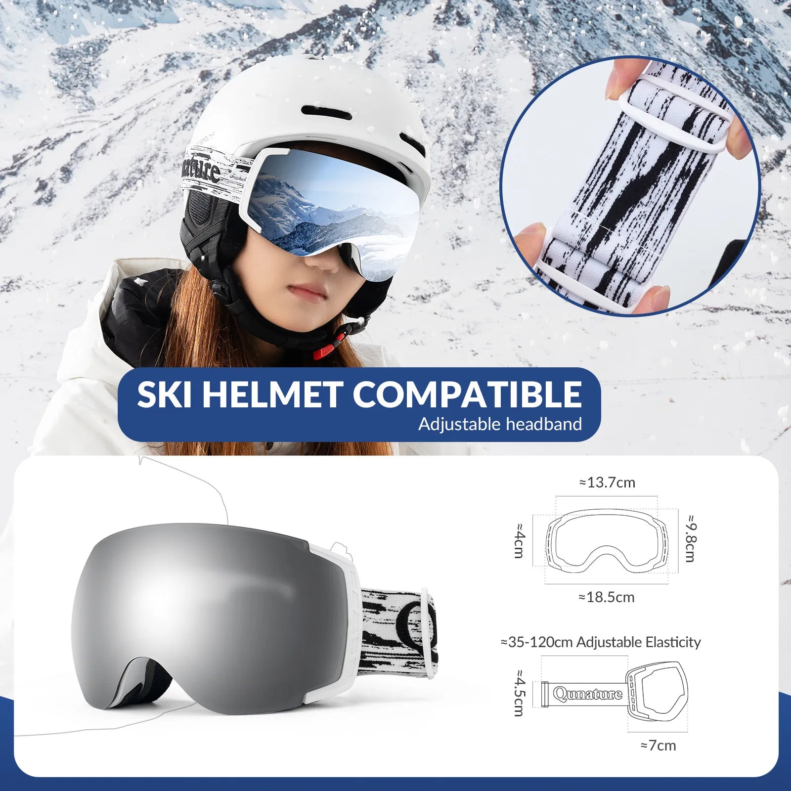 Qunature Global anti-fog ski goggles with UV400 protection and double-layer lenses for clear winter mountain views.