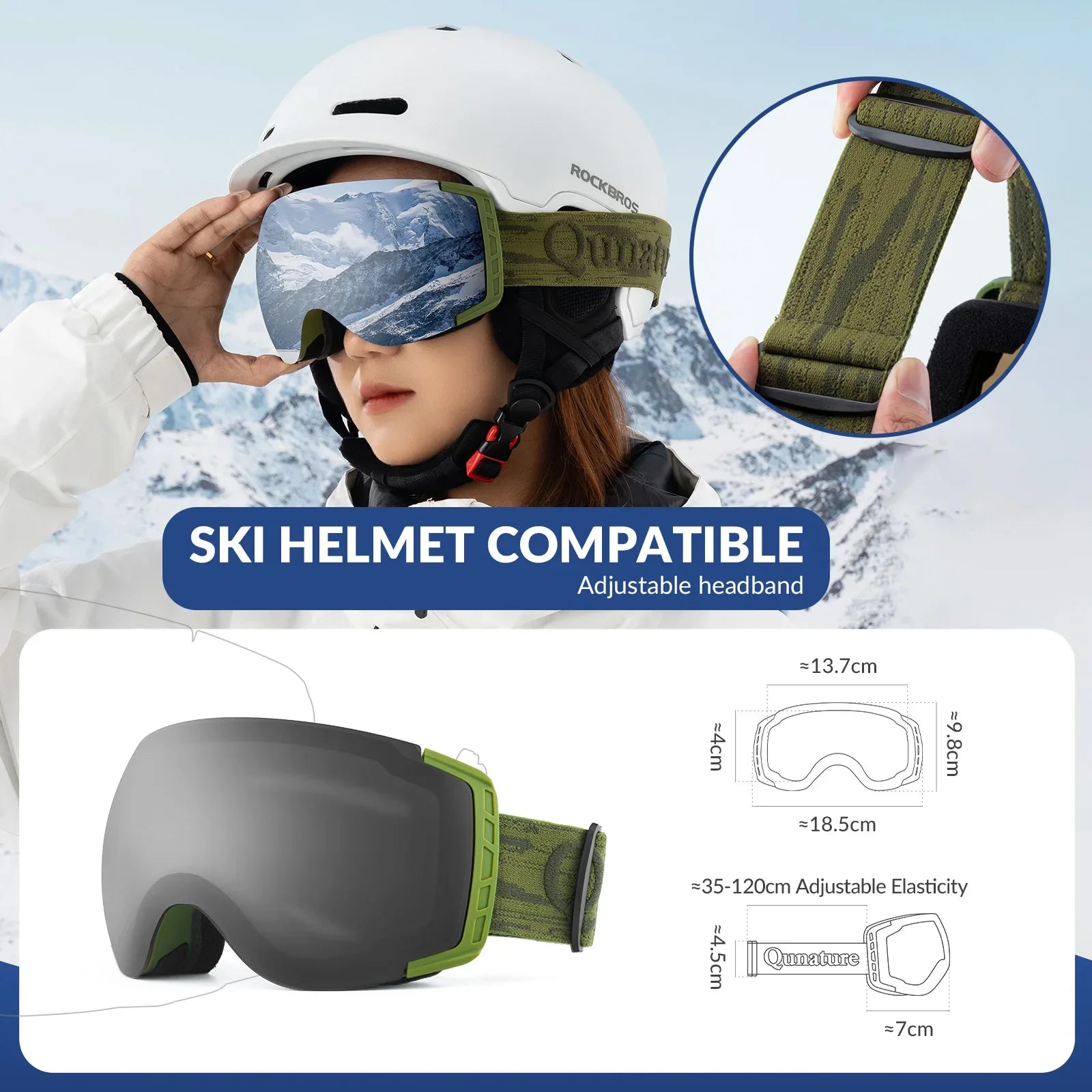 Qunature Global anti-fog ski goggles with UV400 protection and double-layer lenses for clear winter vision.
