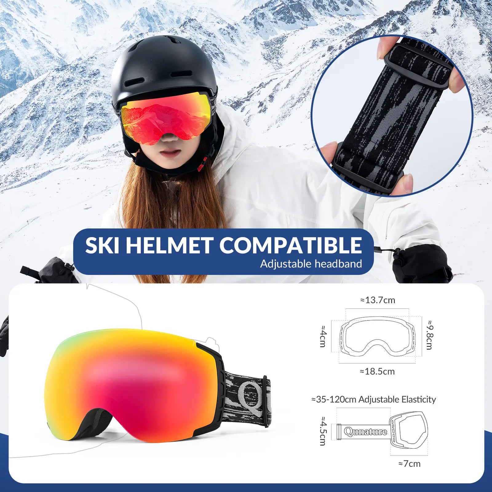 Qunature Global ski goggles with double-layer anti-fog lenses and UV400 protection, designed for clear winter vision.