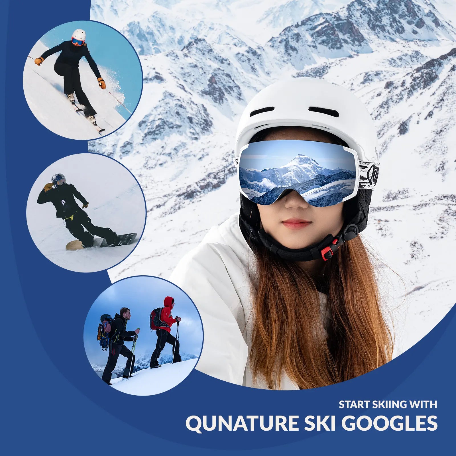 Qunature Global anti-fog ski goggles with UV400 protection and double-layer lenses for clear winter view.