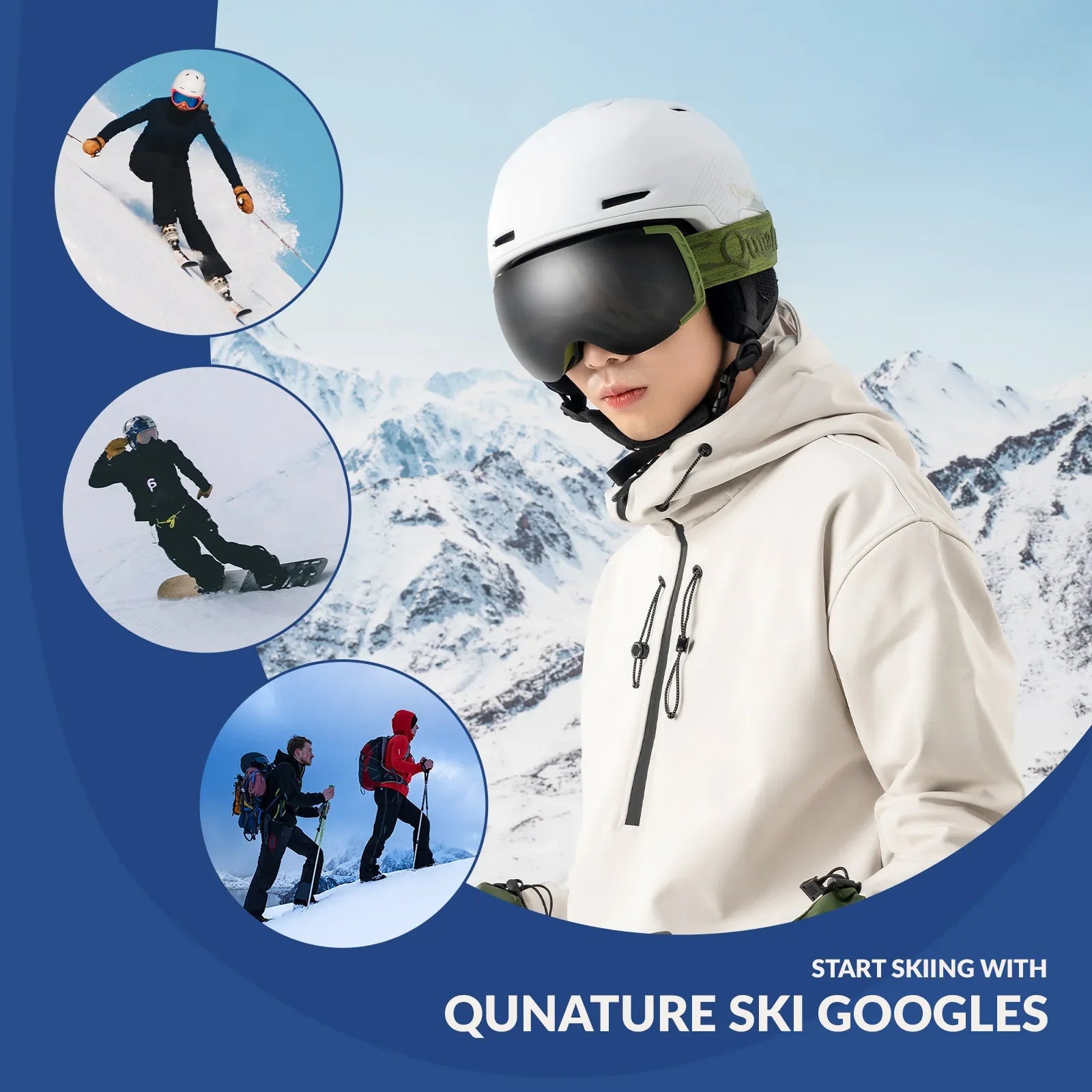Qunature Global anti-fog ski goggles with UV400 protection and double-layer lenses for clear winter visibility.